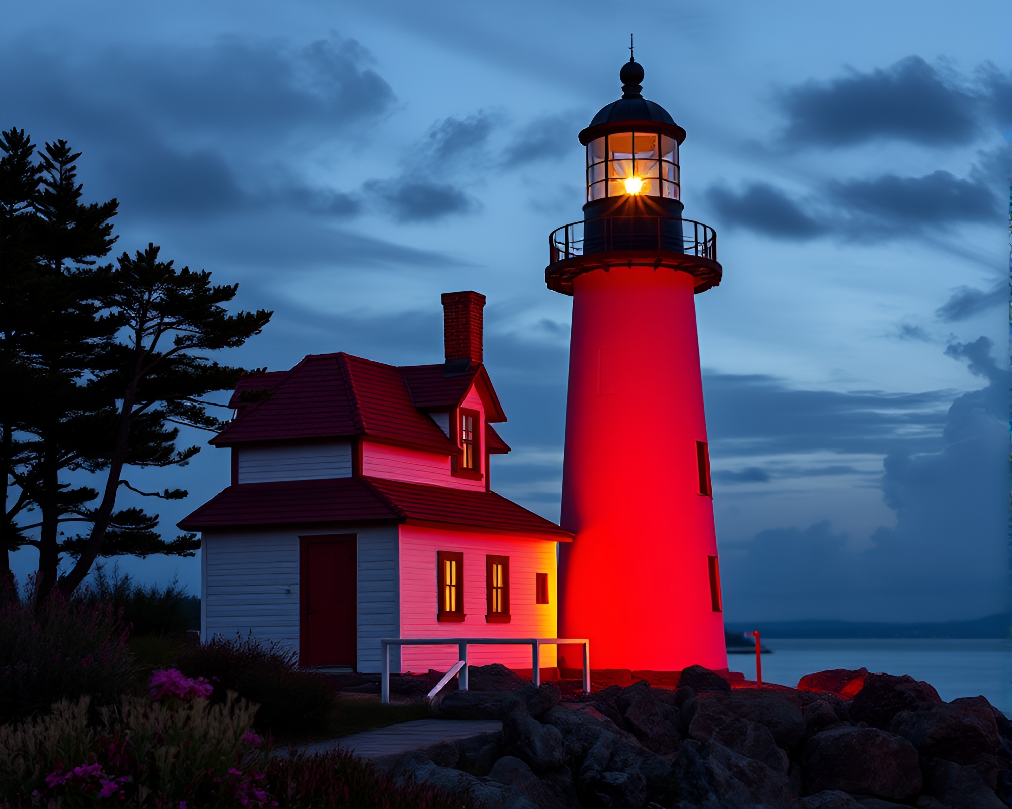 Lighthouse shining ruby red beads – free AI stock image