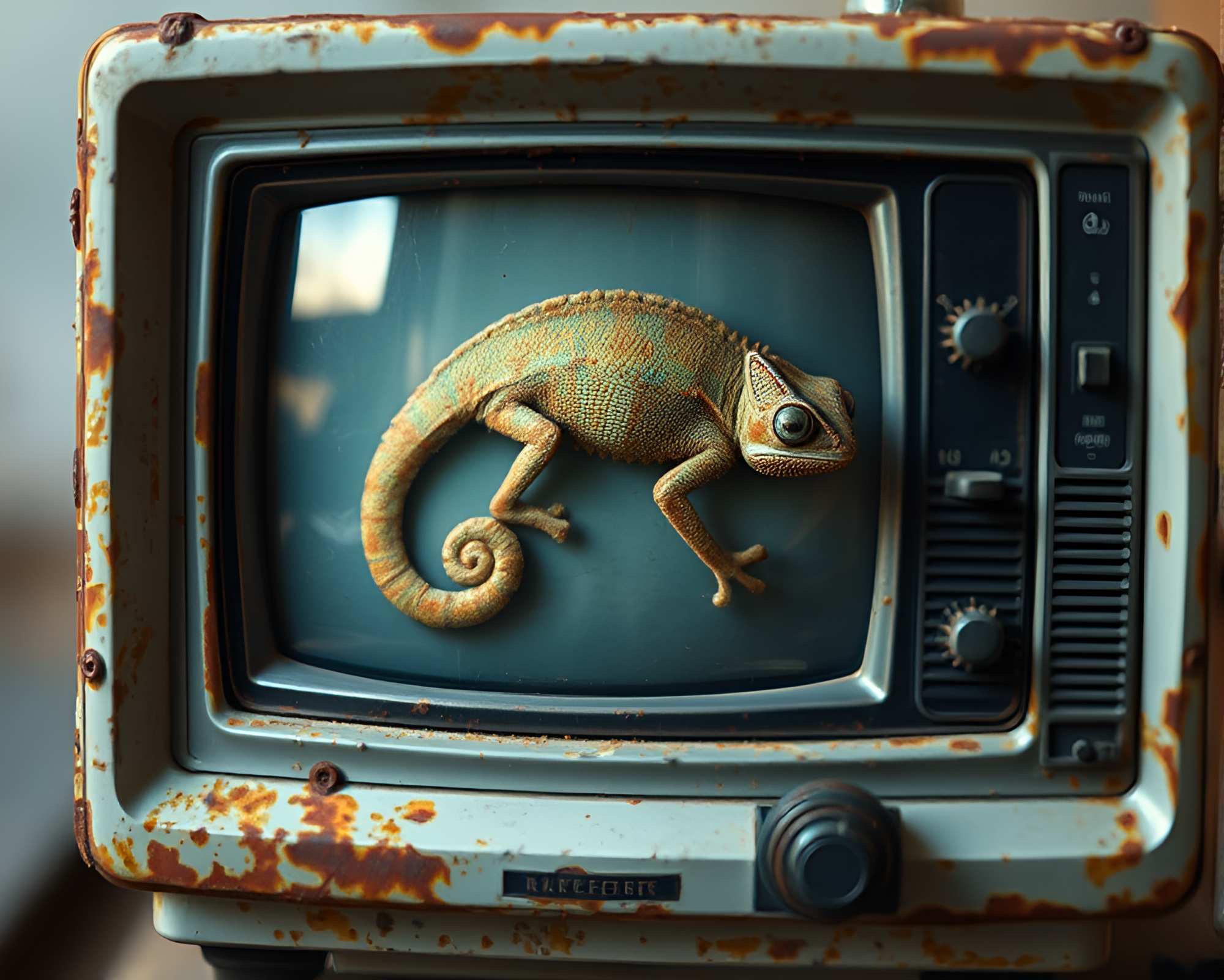 Rust Patina Chameleon in Tilt-Shift Miniature World – free AI stock image