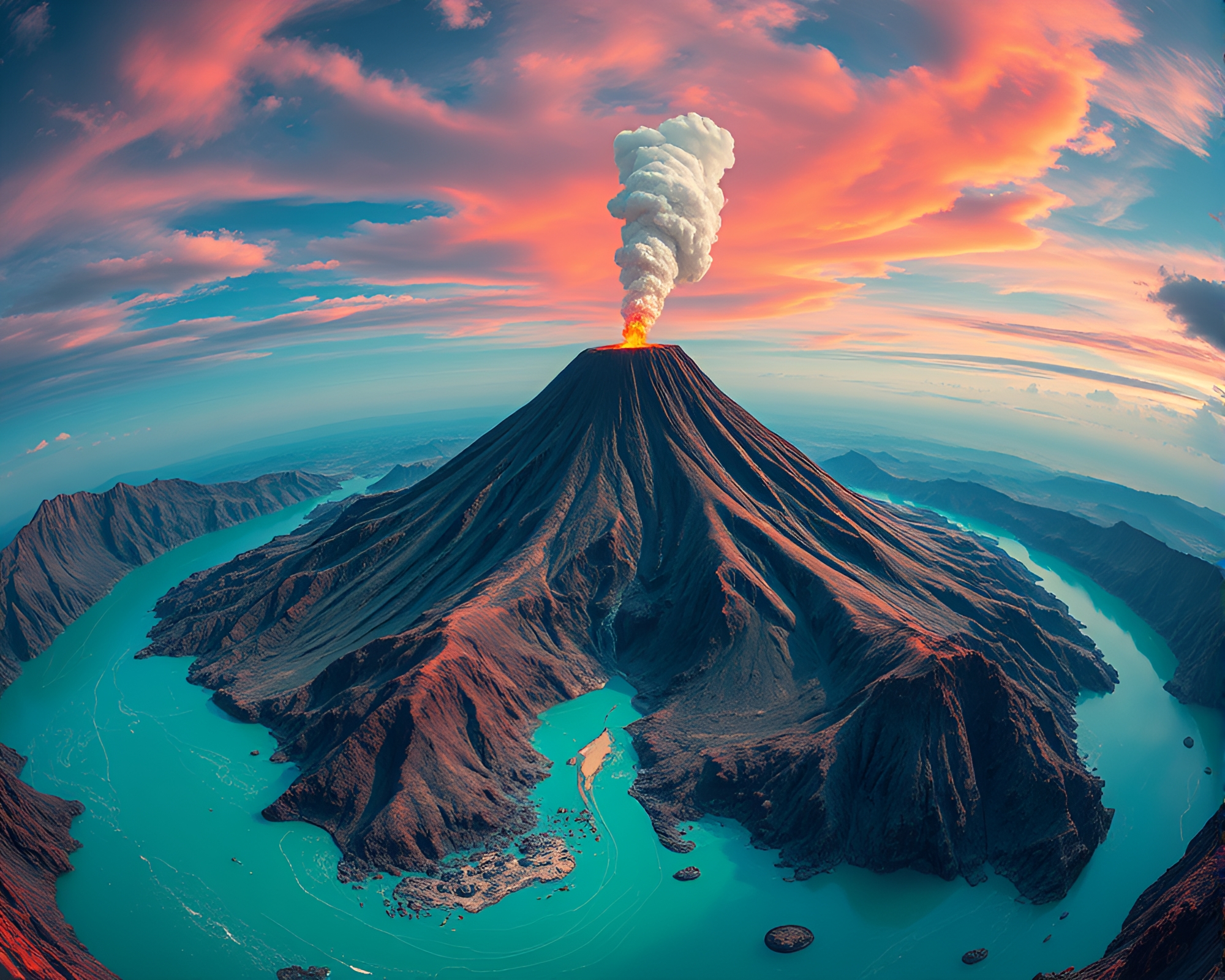 Steampunk Illustration: Exploring Teal Serenity in Volcano Crater – free AI stock image