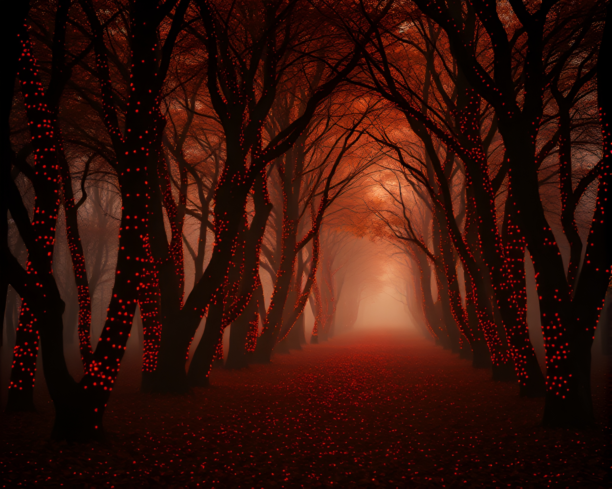 Ancient Grove Illuminated with Burnt Orange Dots – free AI stock image
