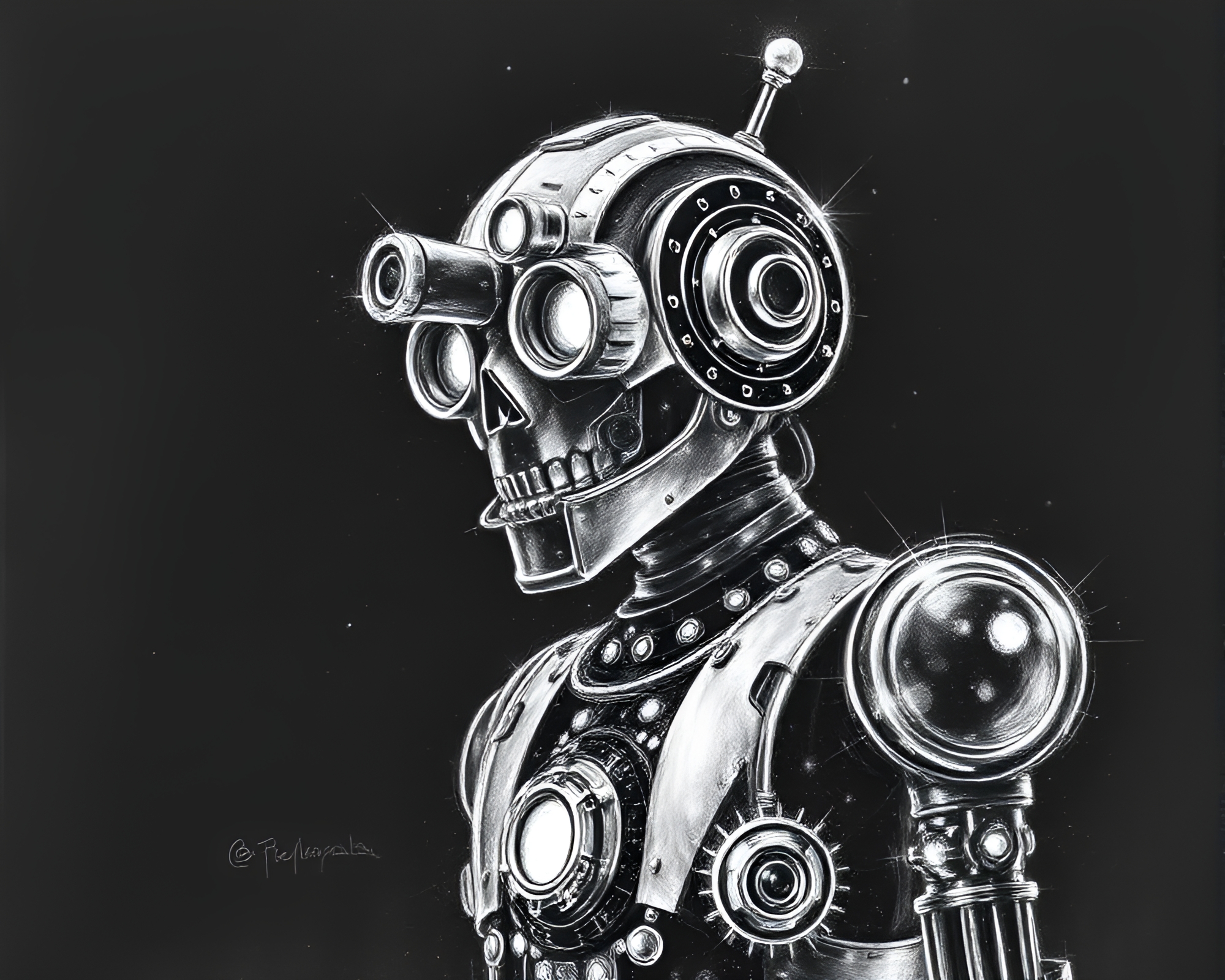 Steampunk robot in dramatic charcoal chiaroscuro – free AI stock image