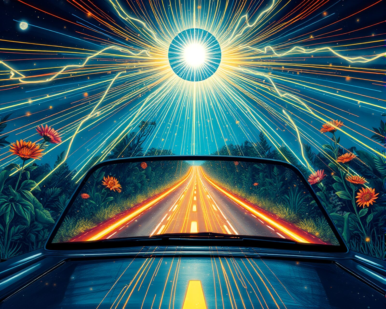 Glowing god rays illuminate digital plants amidst car light trails