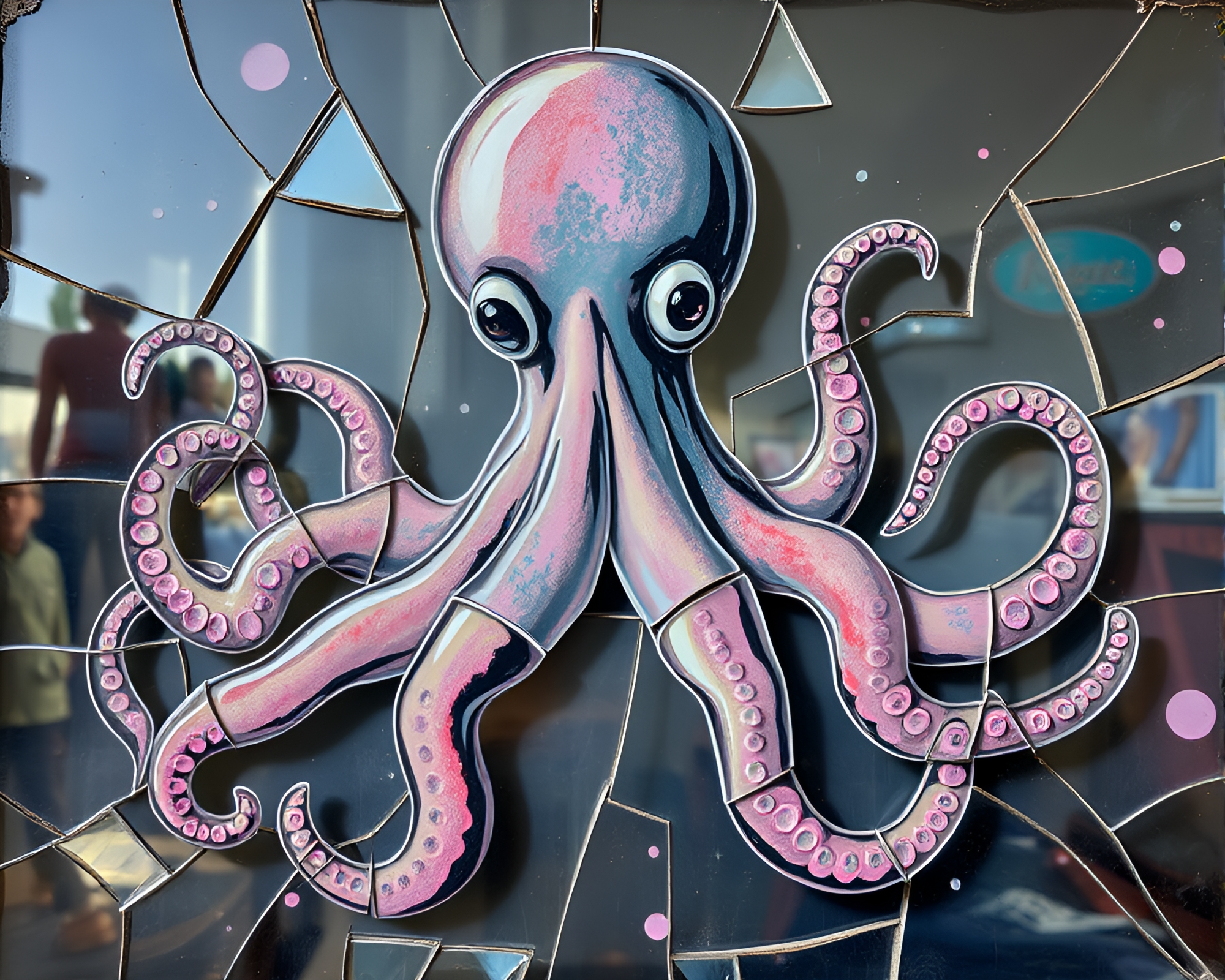Octopus Reflection in Broken Glass: Pastel Graffiti Scene – free AI stock image