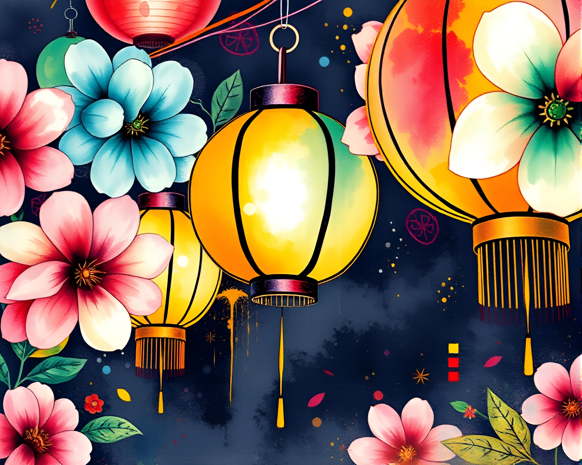 Lantern Glow: Pop Art Watercolor Graffiti Fantasy – free AI stock image