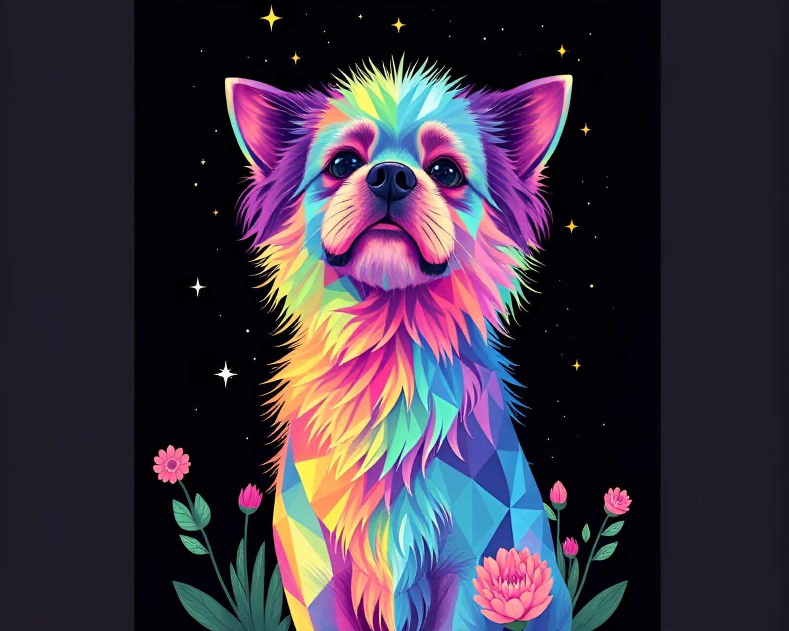An intricate holographic pet surrounded by cosmic rainbow colors