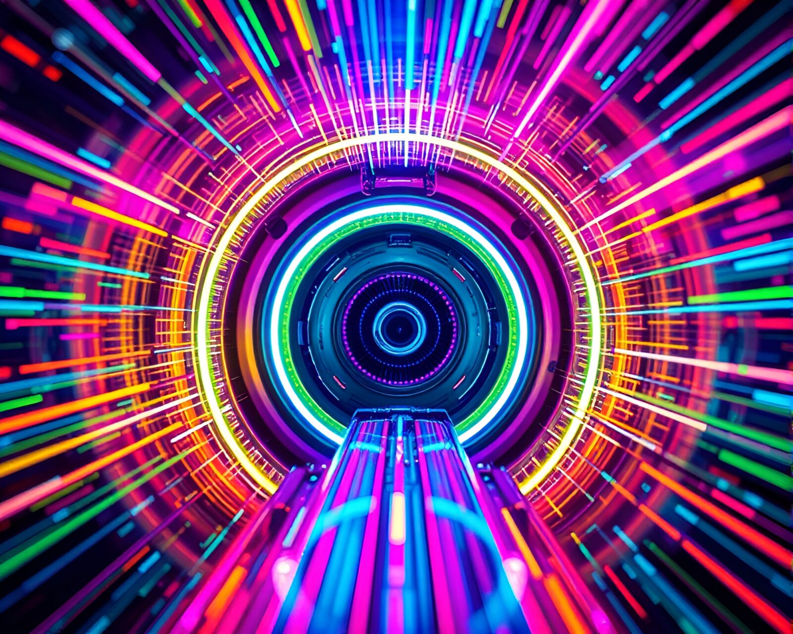 A mesmerizing close-up of a neon-lit quantum teleportation device.