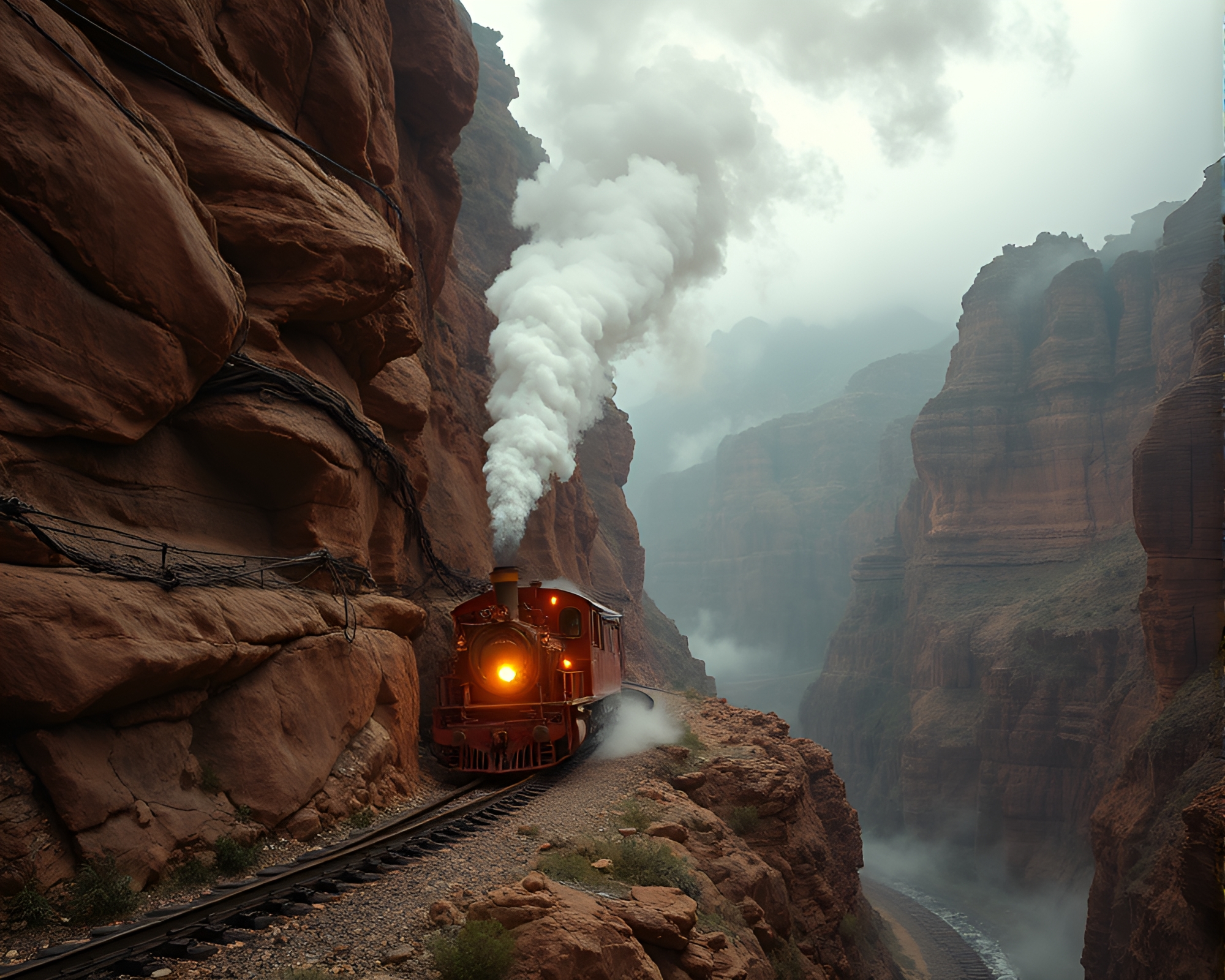 Enigmatic Steam Train in Canyon Rustic Landscape – free AI stock image