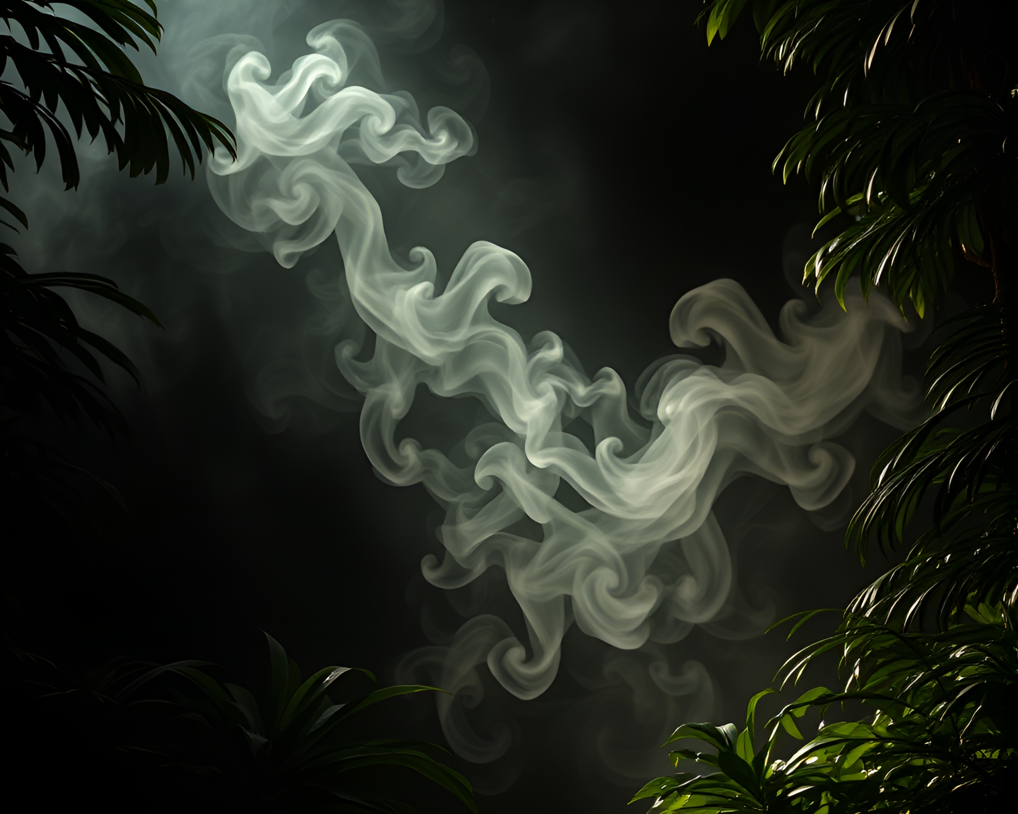 Ethereal Jungle Dance: Smoke Plume Swirls Through Shadows – free AI stock image