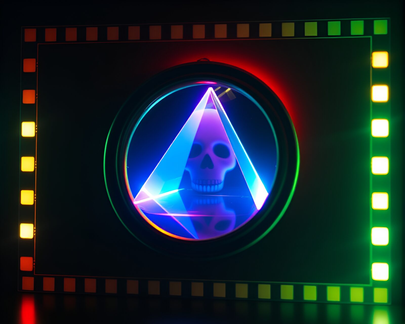 Mystical mirror reflecting glowing prisms in a dark room