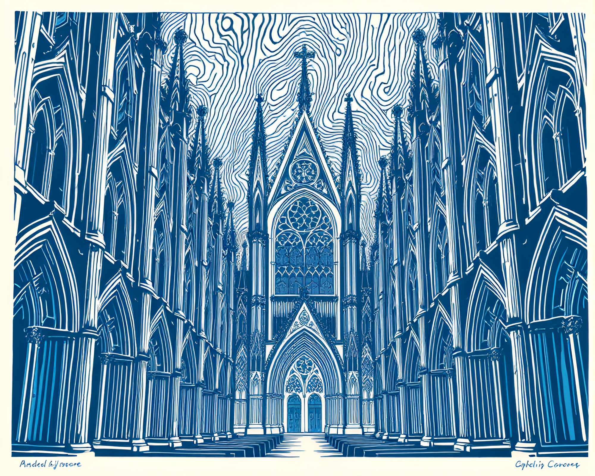 Gothic Wood Grains: Steel-Blue Linocut Print Cathedral – free AI stock image