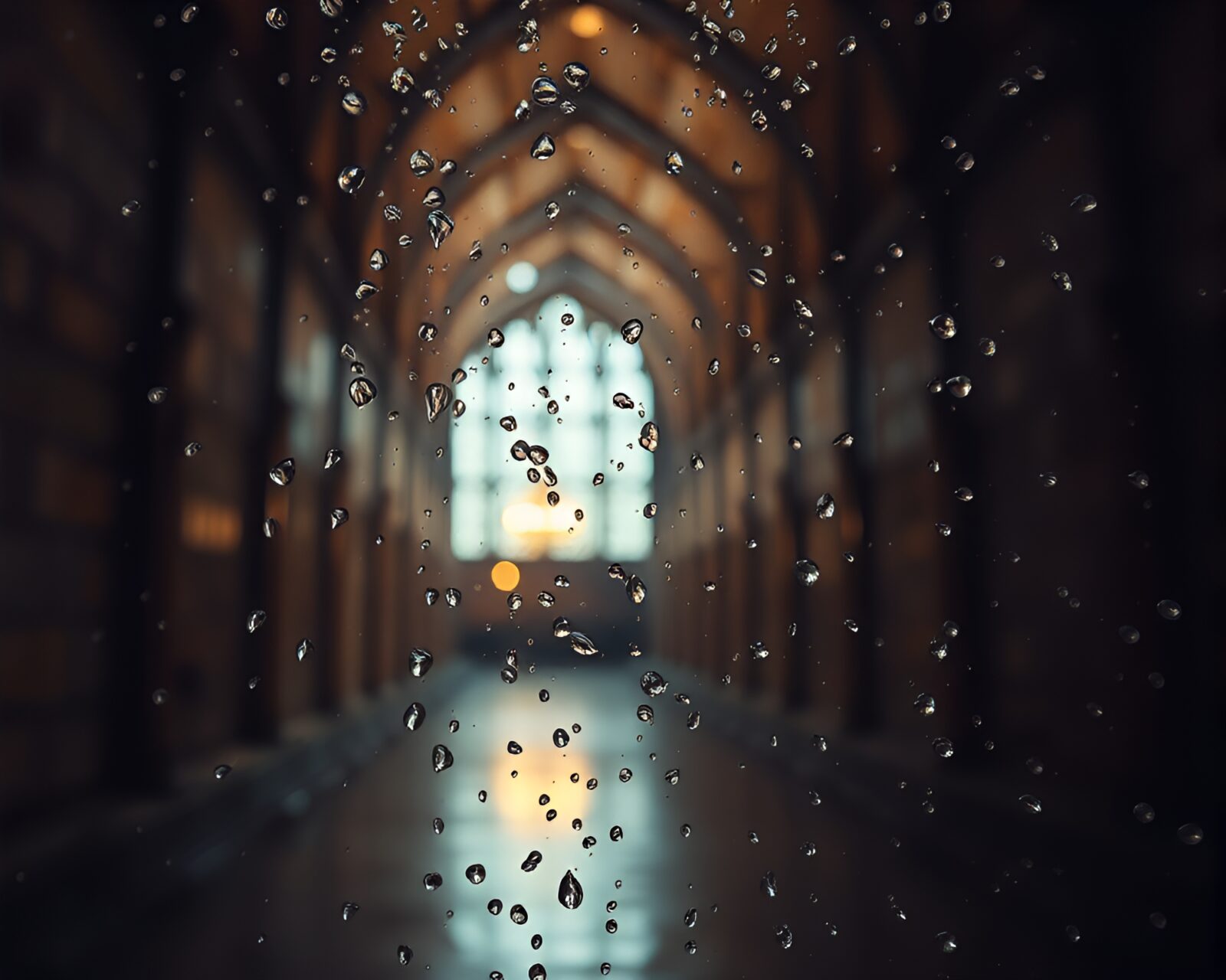 Long exposure image of water droplets in stained glass tunnel