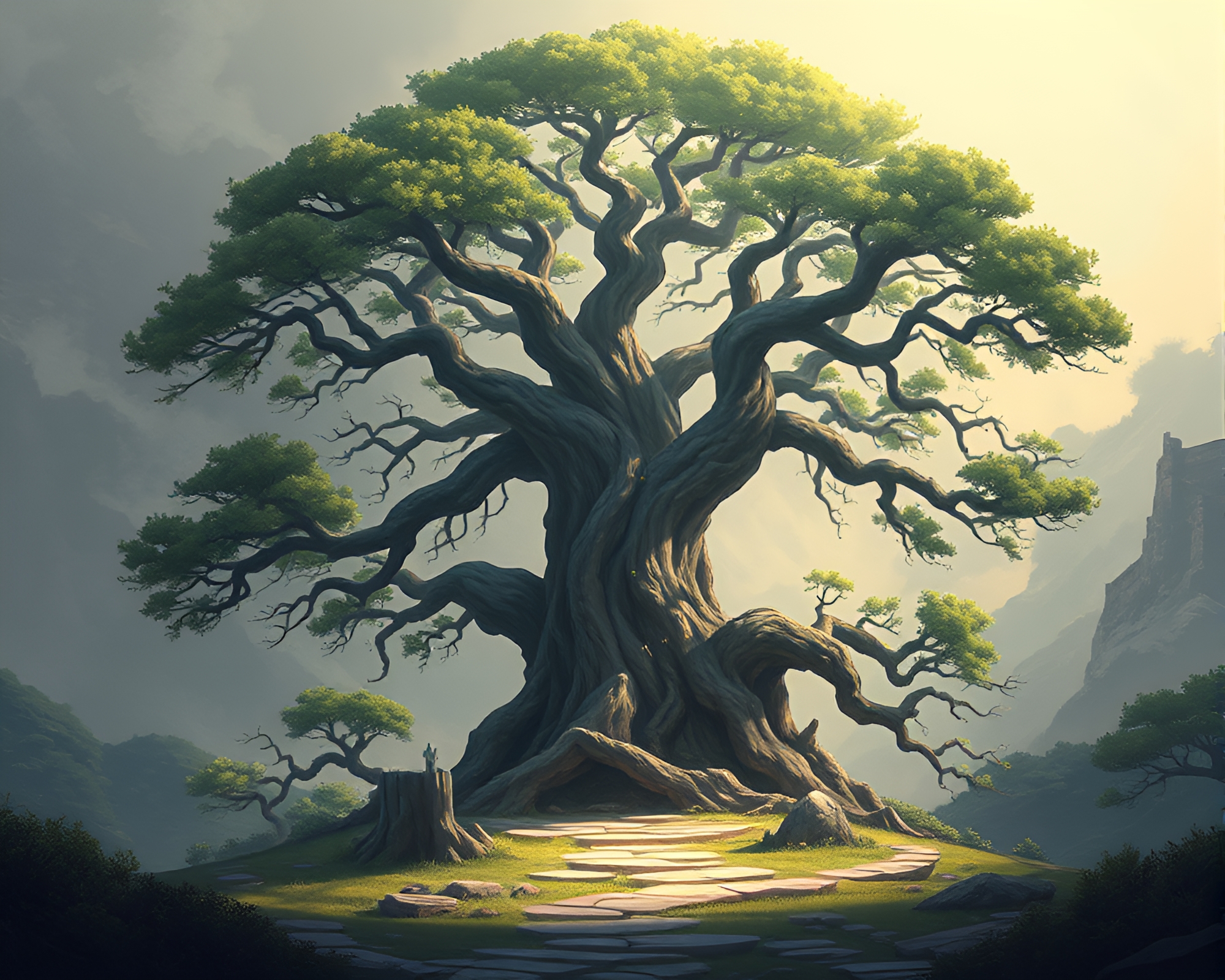 Enchanted Ancient Tree in Stage Light – free AI stock image