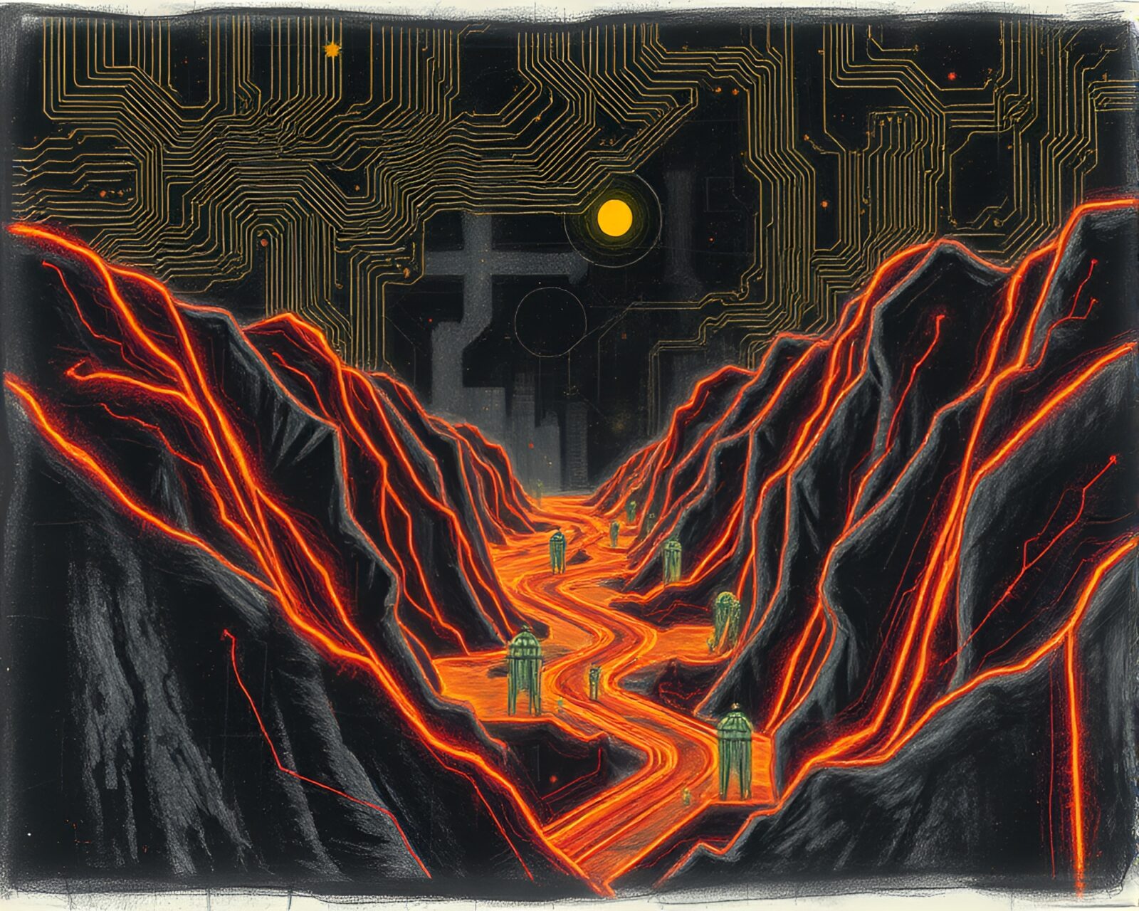 Black-and-white sketch of neon-lit valley with intricate circuit board designs