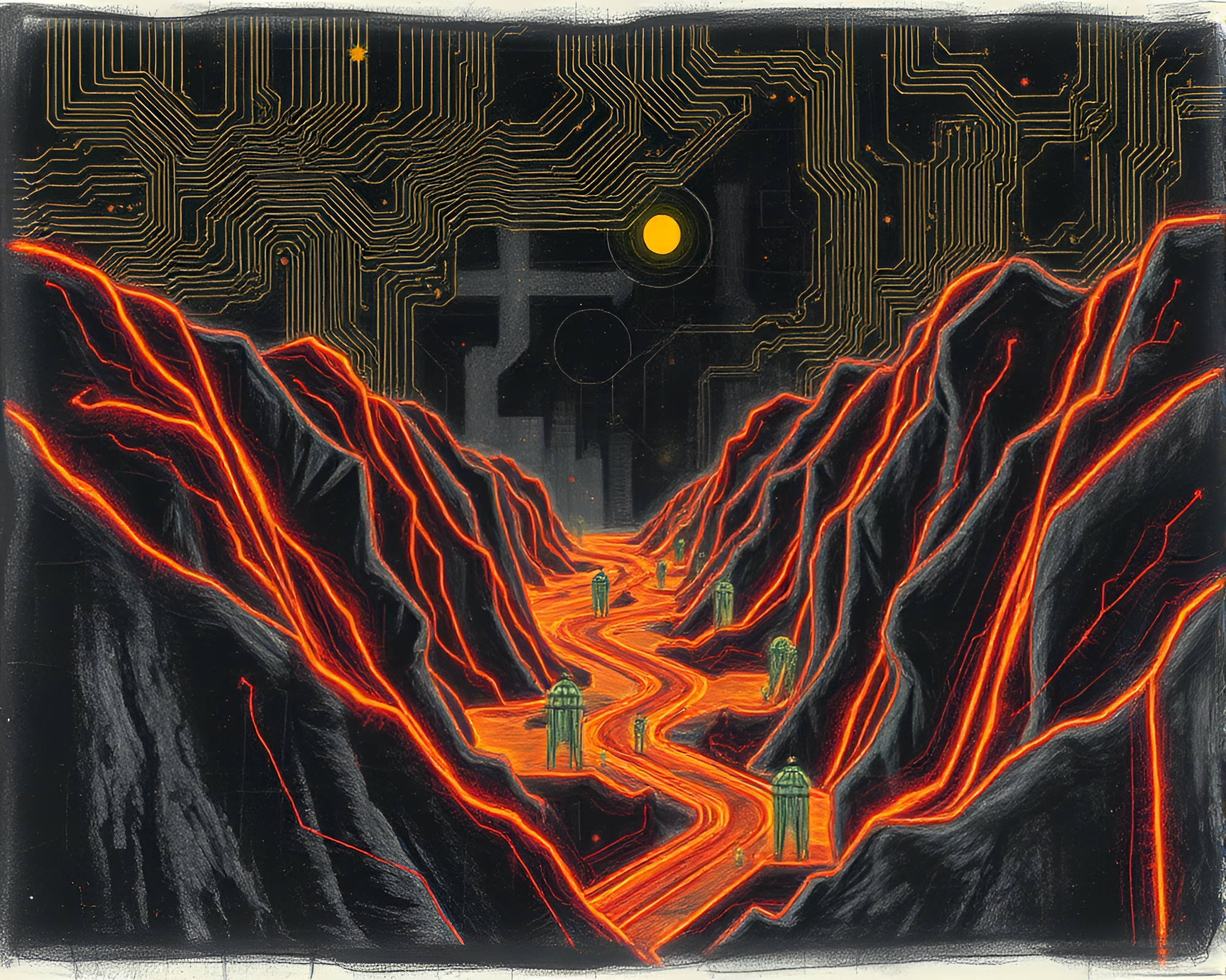 Neon Valley Circuit Board: Charcoal Sketch Composition – free AI stock image