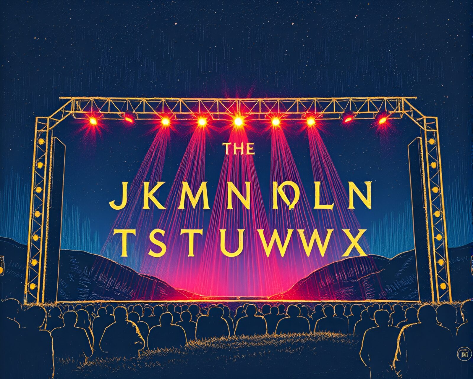 Landscape etching of vibrant runic alphabet under stage lights