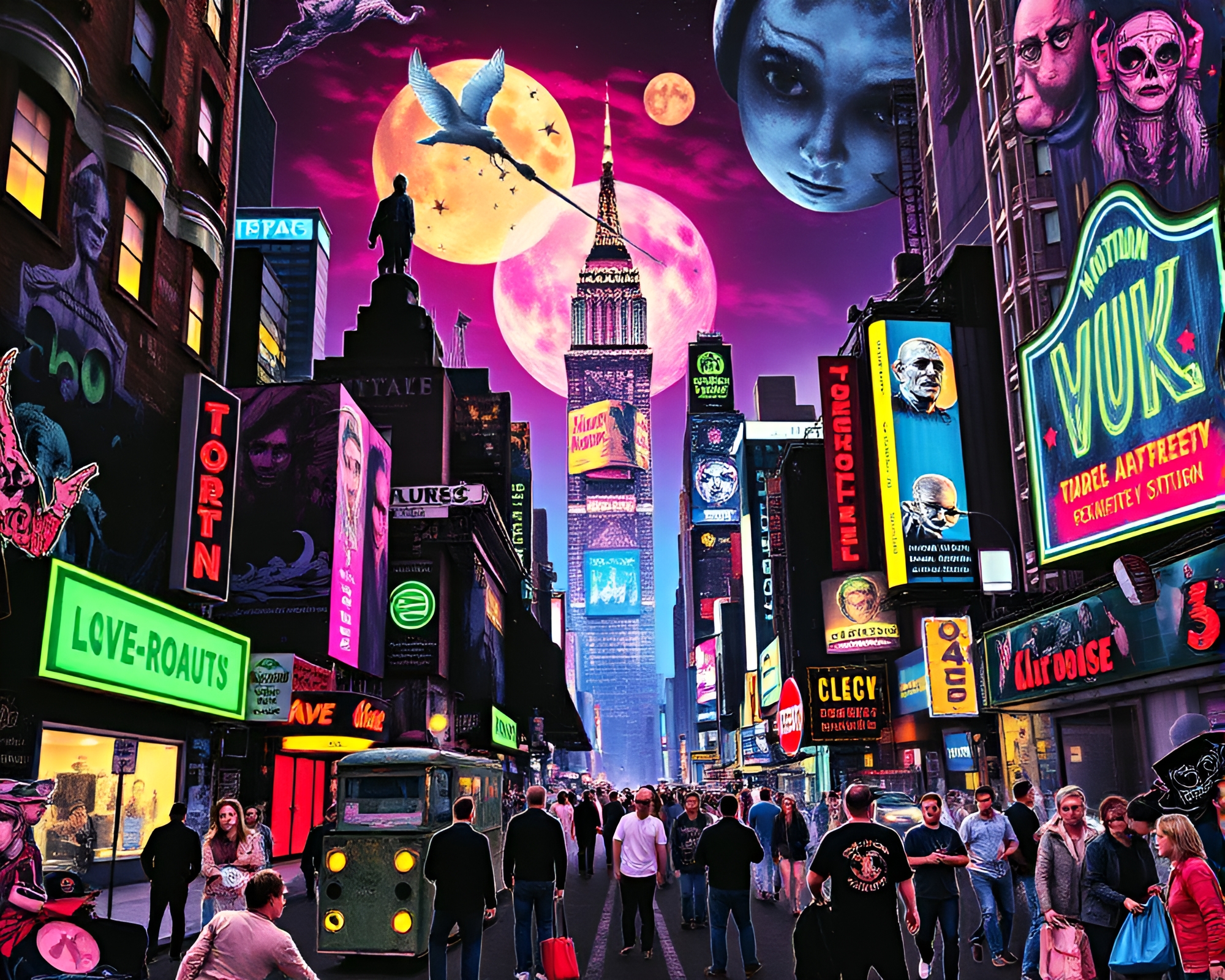 Neon Lovecraftian Horror Collage in Color Splash City – free AI stock image