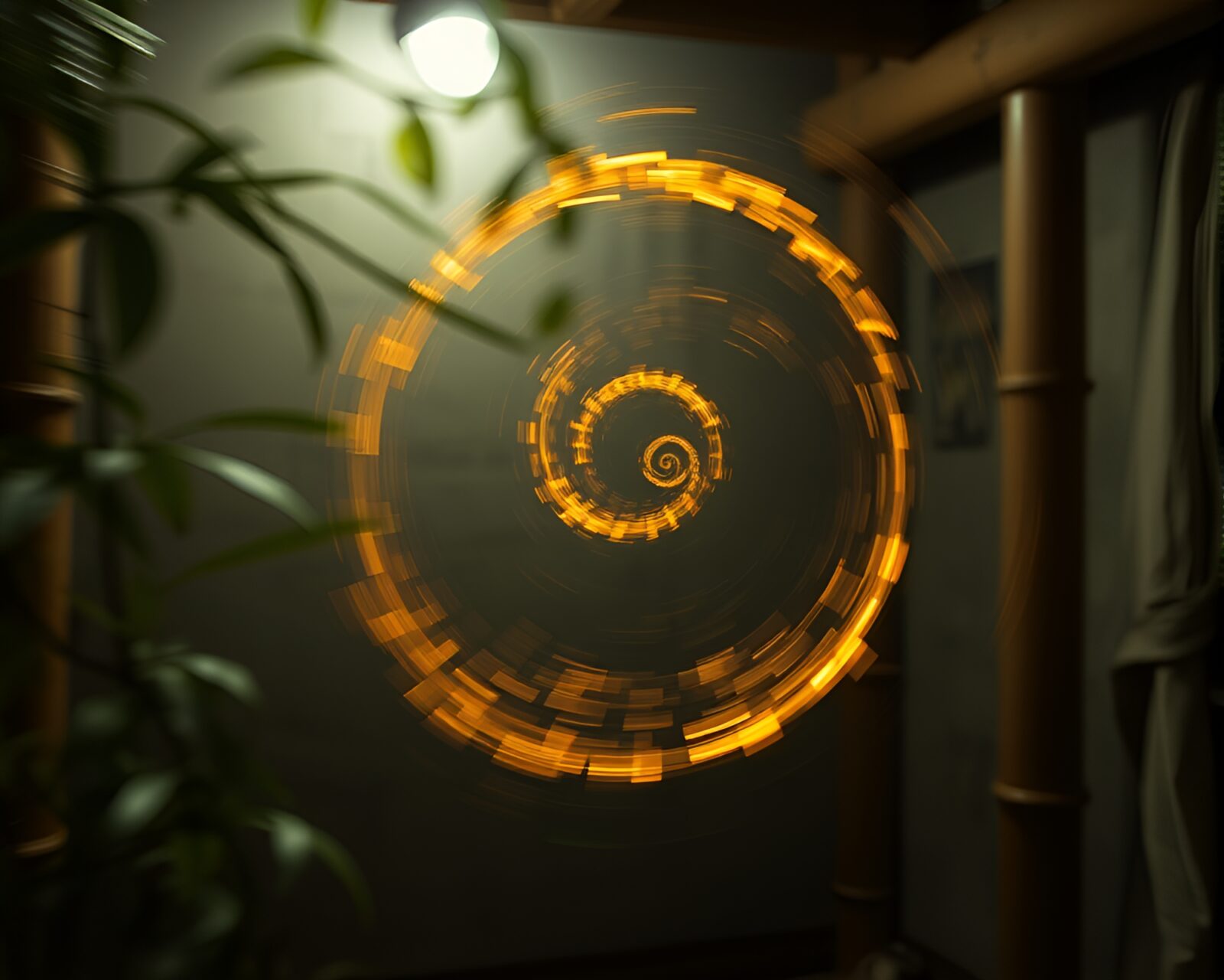 Abstract spiraling bamboo flute in dim motion-blurred basement