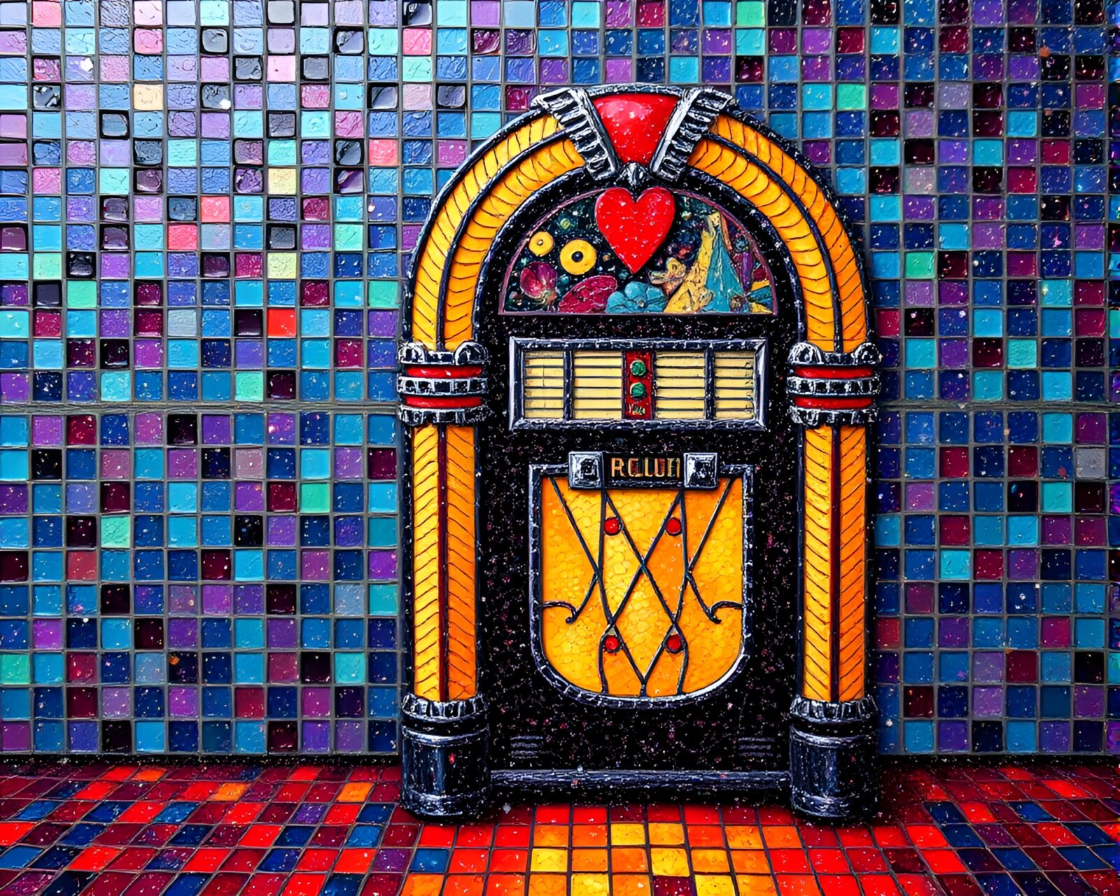 Colorful tiled jukebox glowing with starlight in acrylics