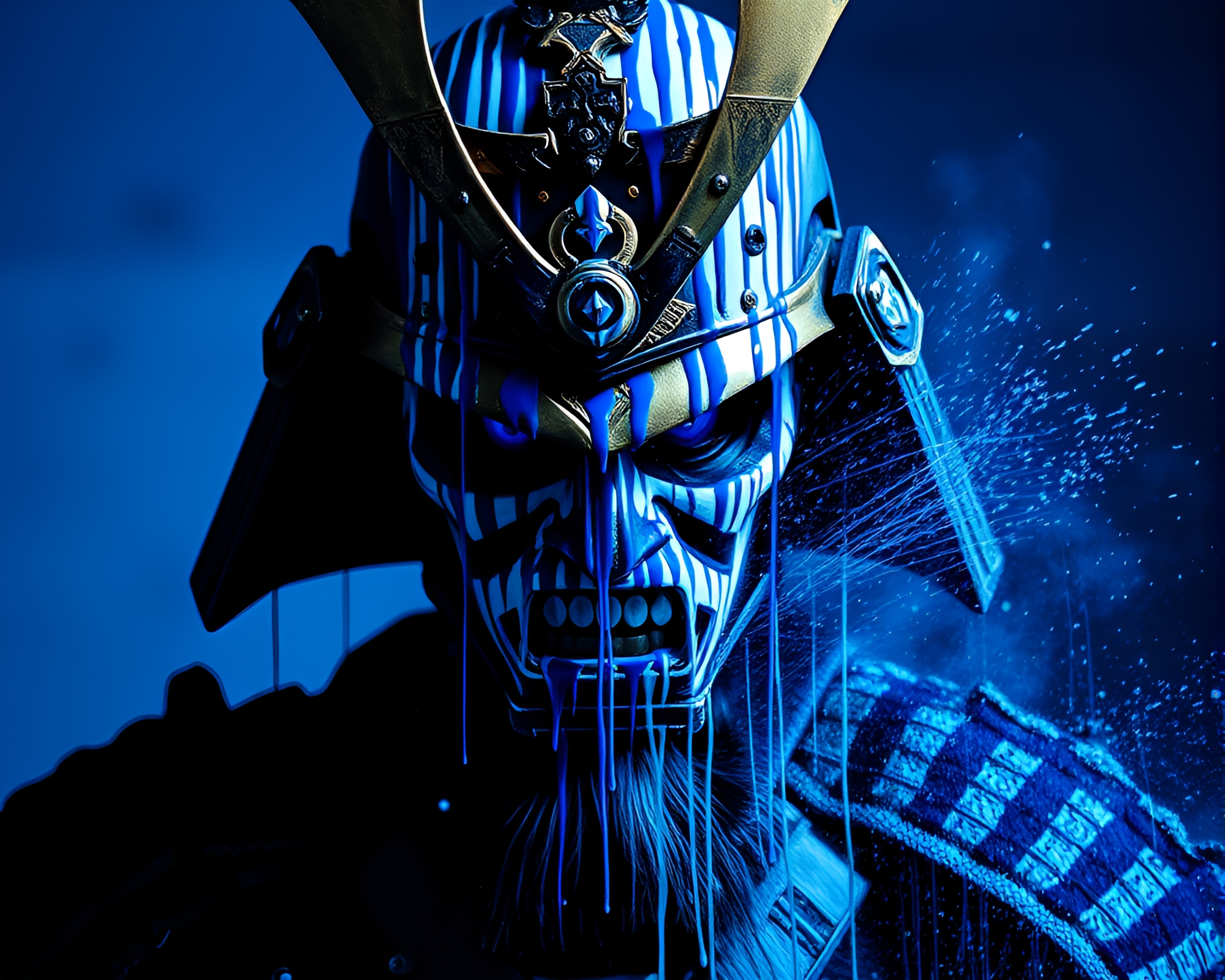 Samurai Warrior in Fluorescent Blue Spray Paint Drips – free AI stock image