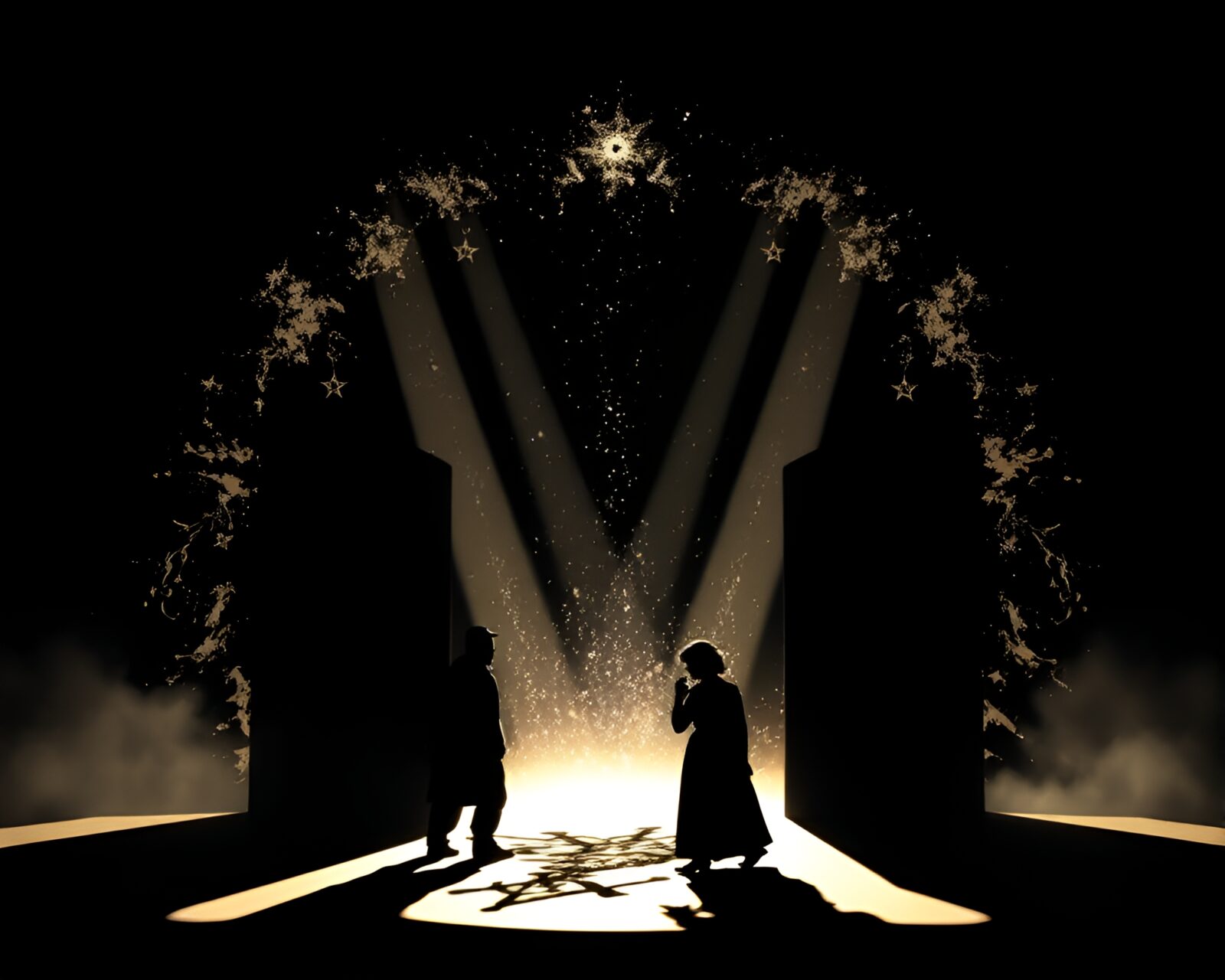 Silhouette figure framed in cosmic portal with shimmering stardust