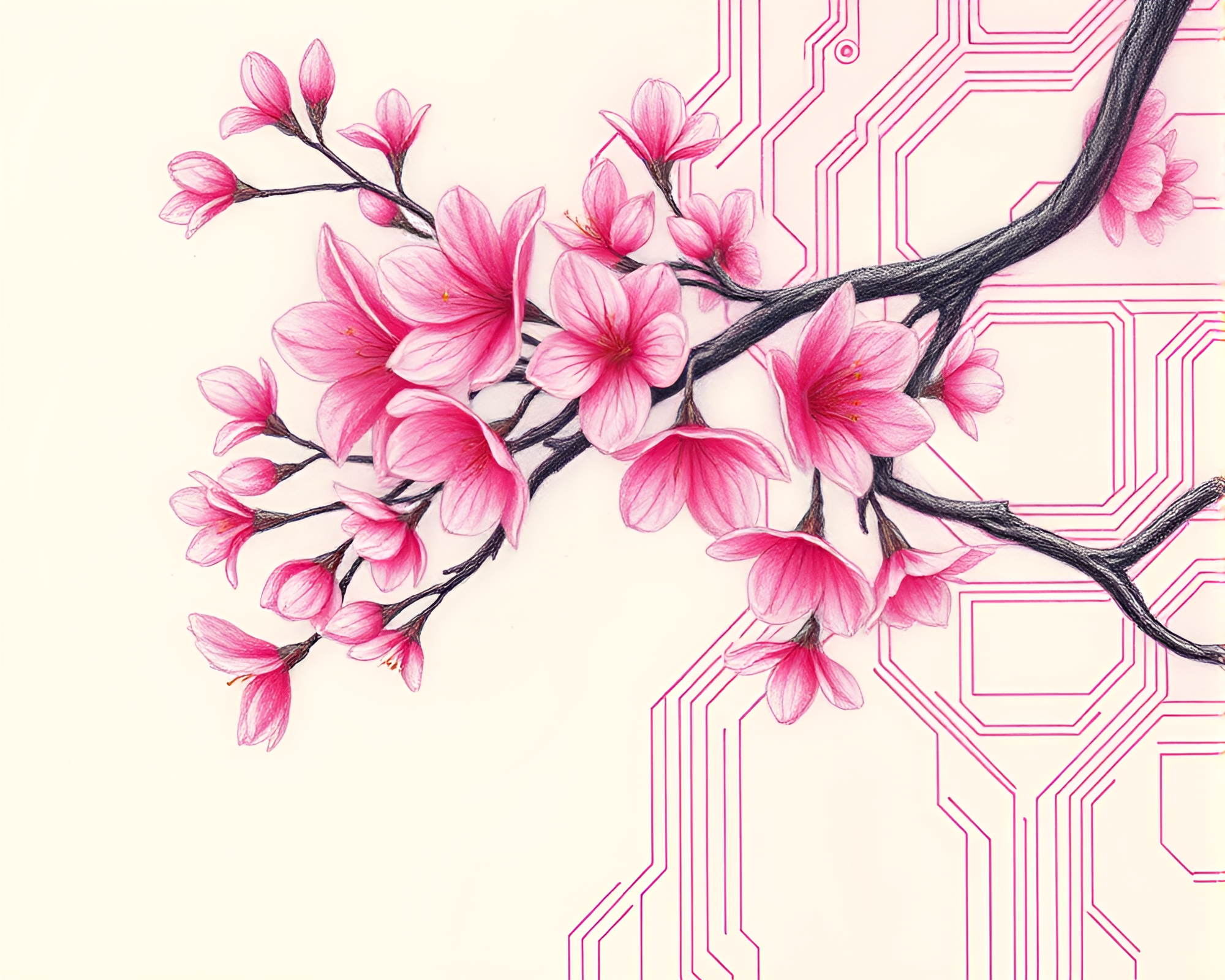 Cherry Blossom Circuit Board Sketch – free AI stock image