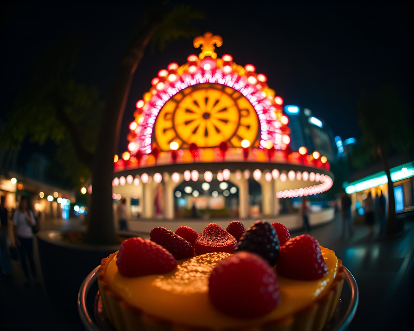 Colorful fruit tart with a blurred background and dramatic lighting