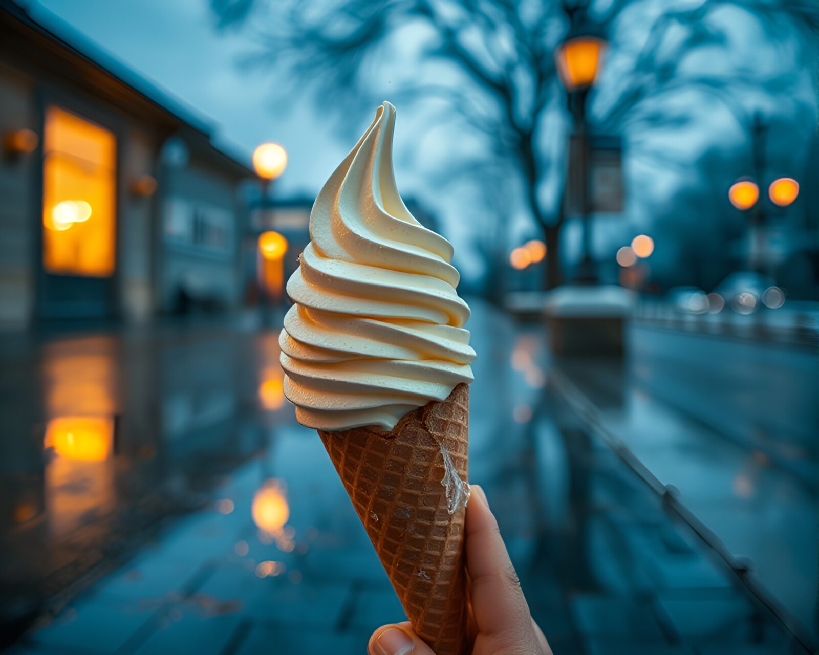 Wide-angle shot of a gelato cone's glow on icy reflection