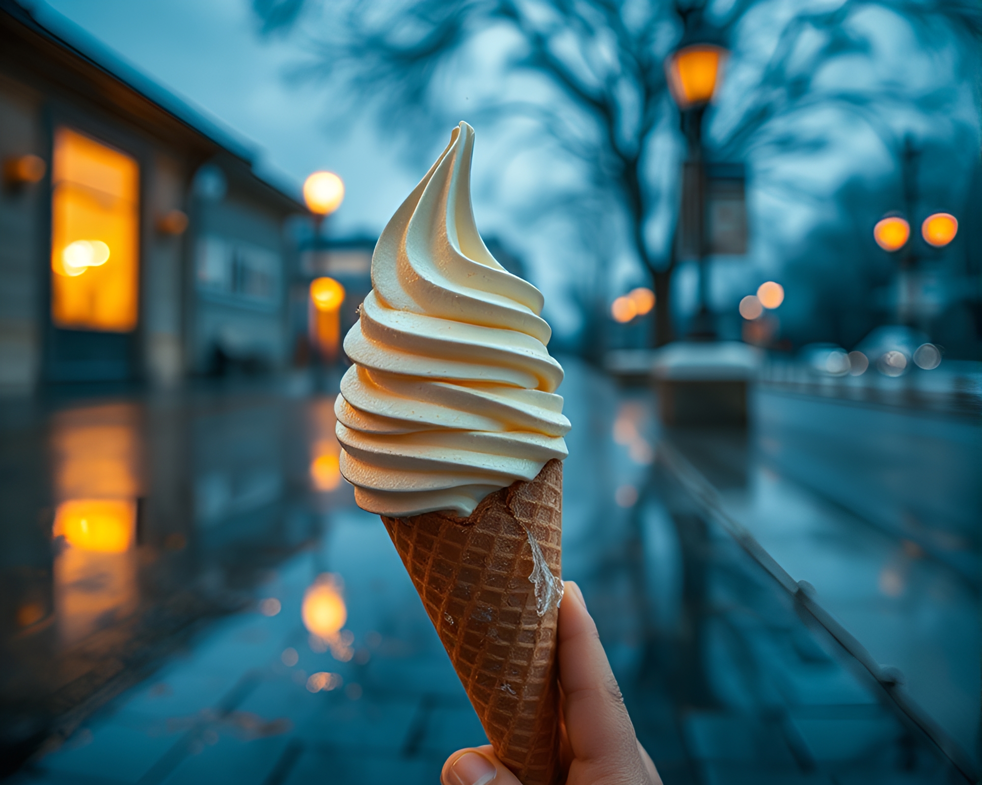 Gelato Cone Shines in Porchlight onto Ice Reflection Crack – free AI stock image