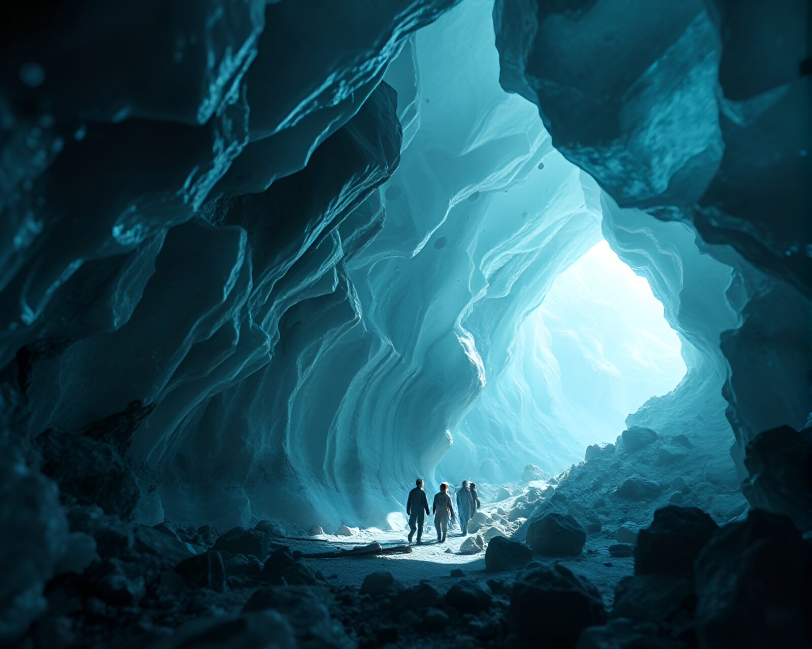 Majestic glacial cave with vibrant chromatic hues and lifelike hair