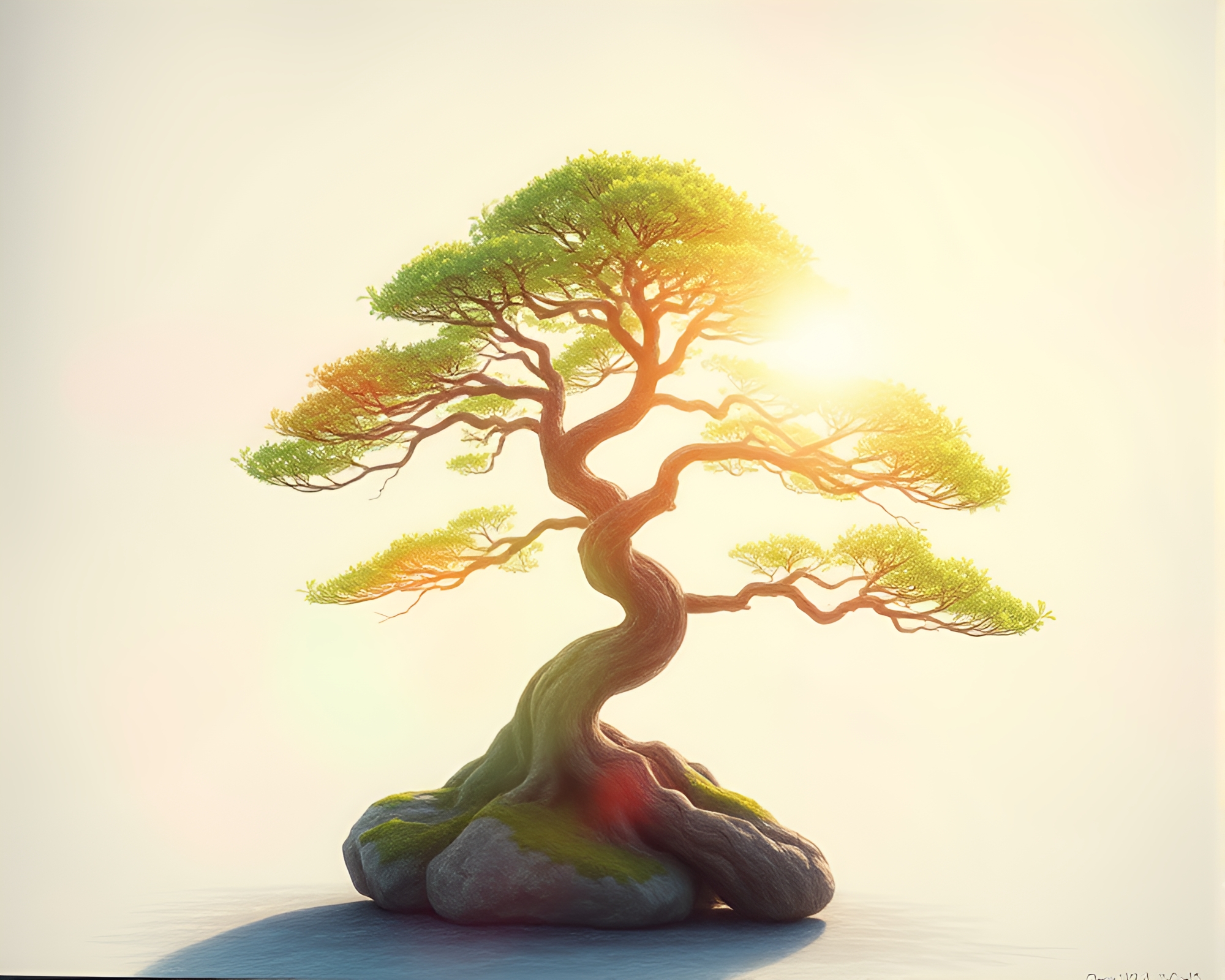 Serene Bonsai Tree under Expired Film Lens Flare – free AI stock image