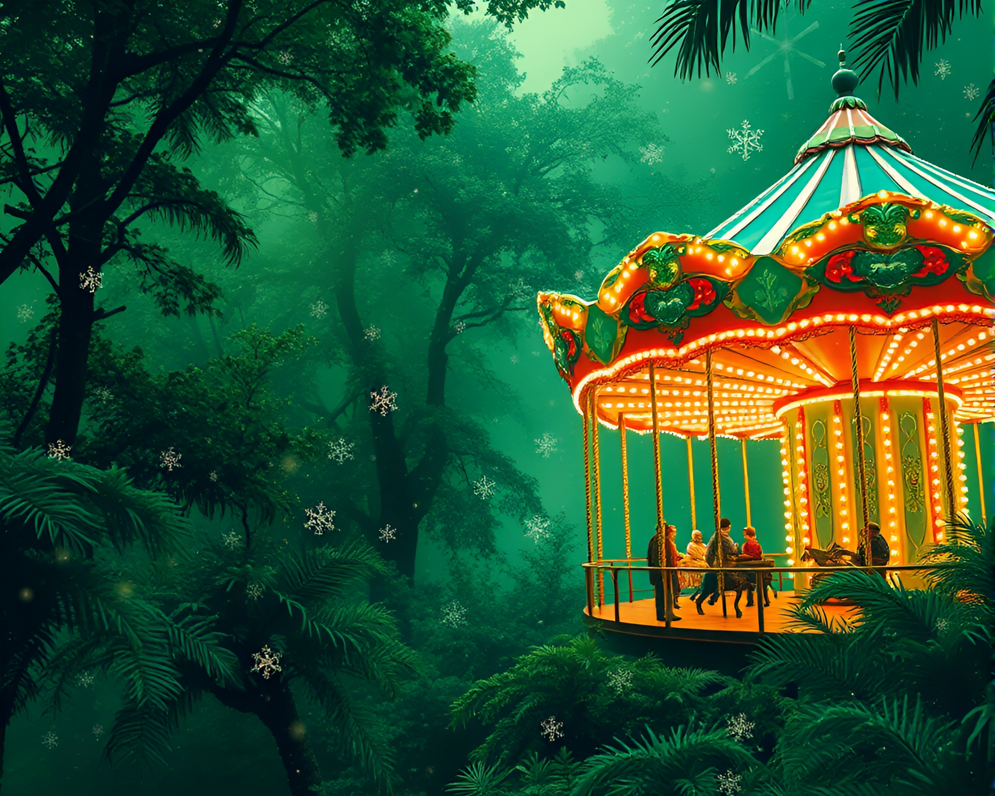 Carnival Carousel Snowflakes in Green Haze – free AI stock image