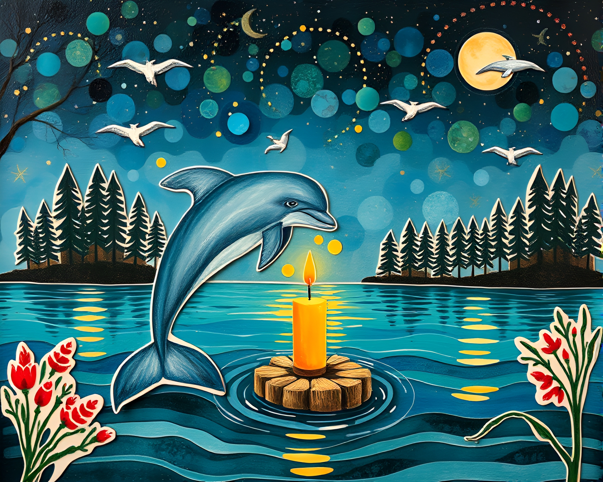 Encaustic Painting of Amazon River Dolphin in Candlelight Collage – free AI stock image