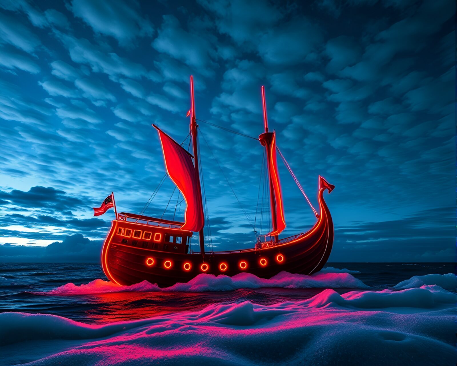 Fantastical image of illuminated Viking ship amidst colorful clouds