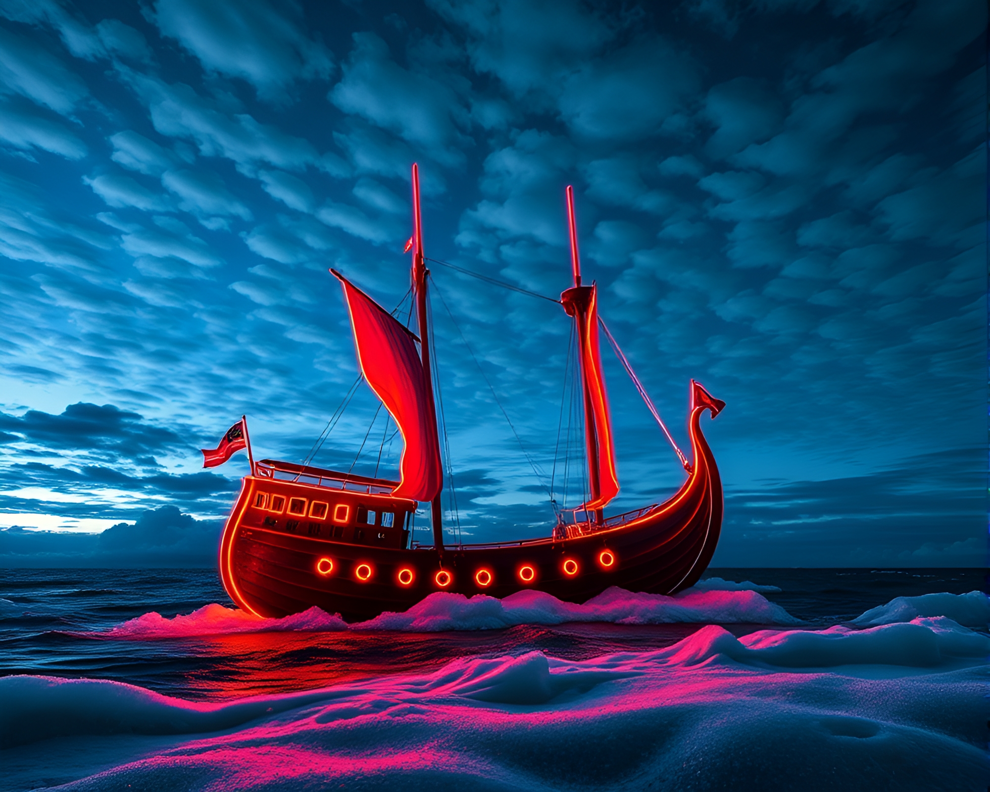 Neon Viking Longship Sailing Through Blue Hour Clouds – free AI stock image