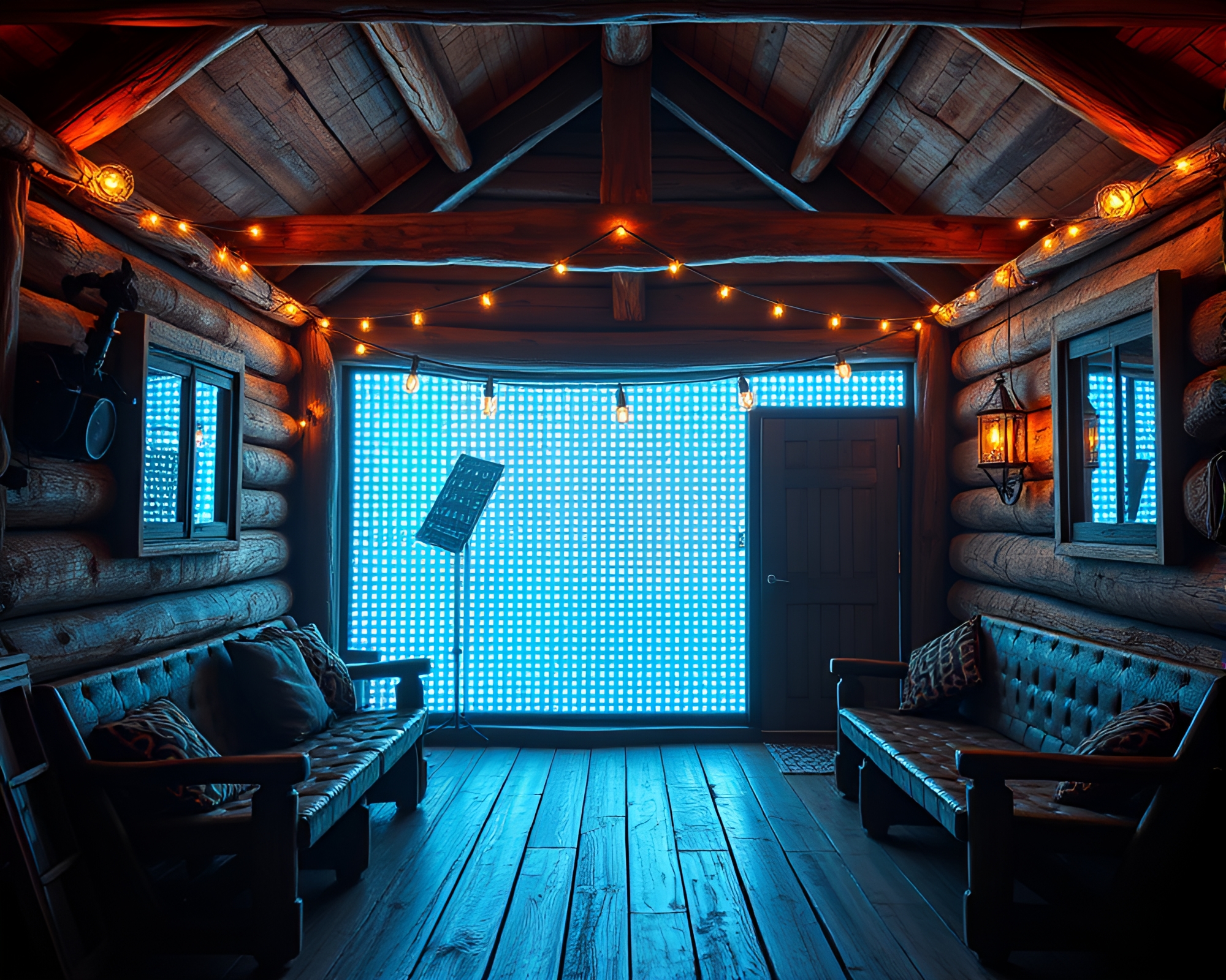 LED Pixel Rustic Cabin Night Divisionism Art – free AI stock image