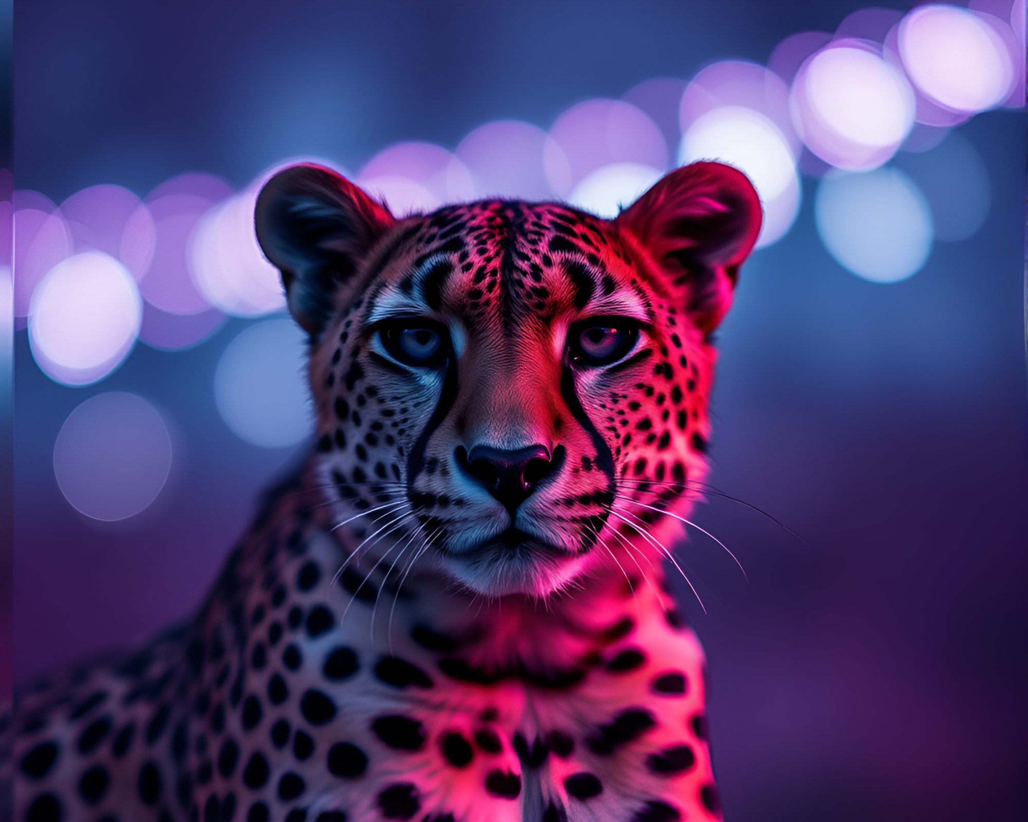 Retrowave Cheetah in Amethyst Bokeh Forest – free AI stock image