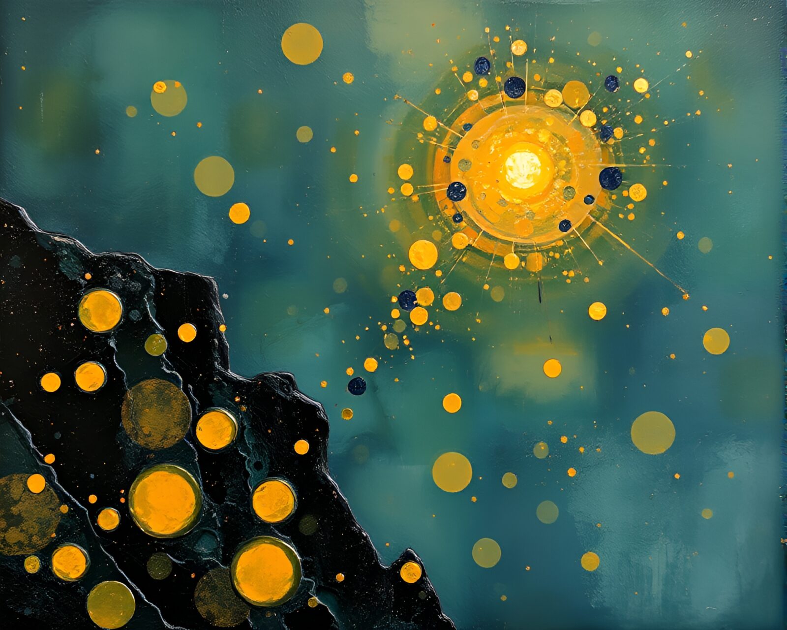 Mildew spots on encaustic cliff painting with lens flares