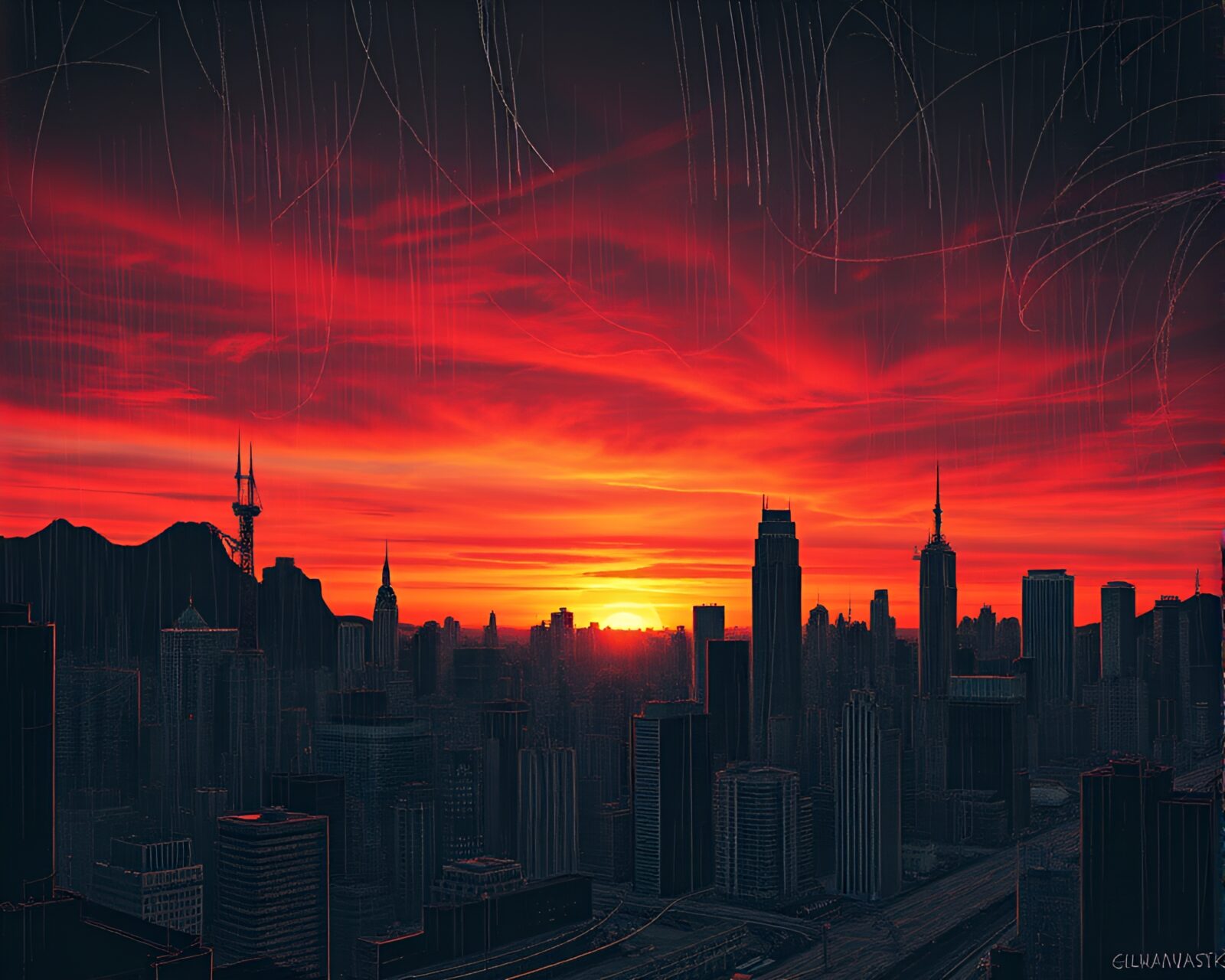 Eerie Lovecraftian chalk drawings against urban skyline at sunset