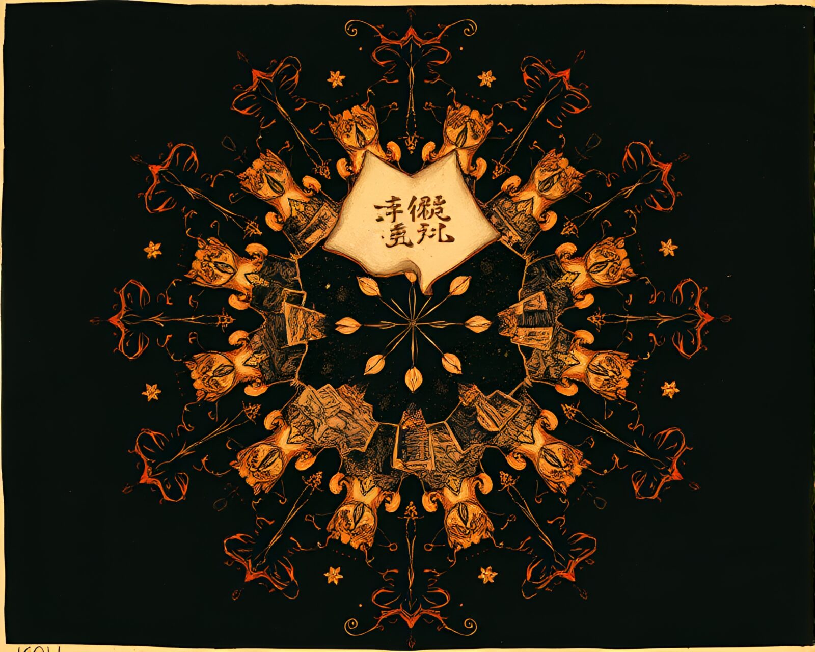 Dramatic chiaroscuro scene with intricate kaleidoscope woodcut patterns
