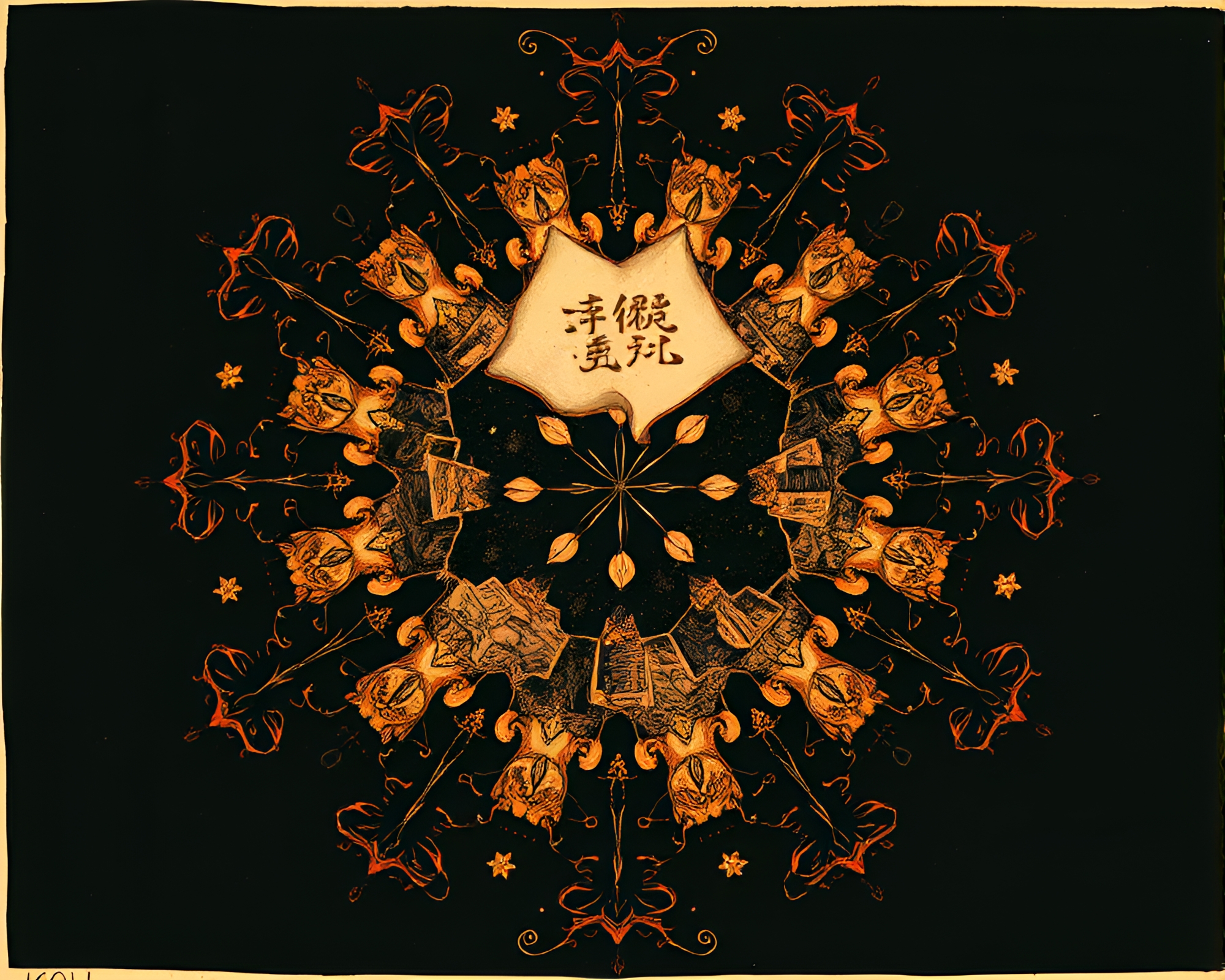 Ancient Scroll Kaleidoscope Fragmented Woodcut Print – free AI stock image