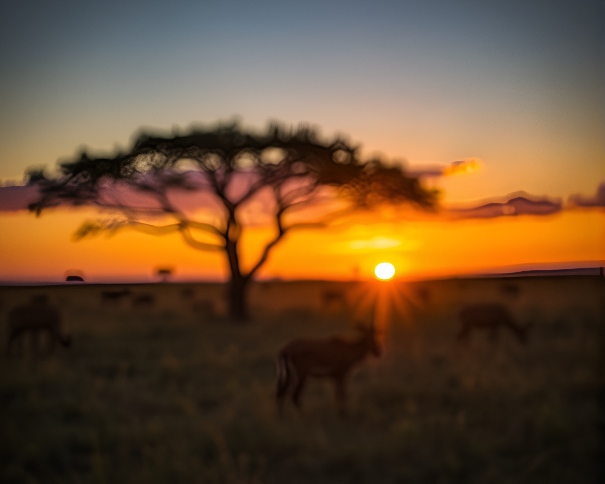Golden Savanna Sunset and Bokeh Foreground Serenity – free AI stock image