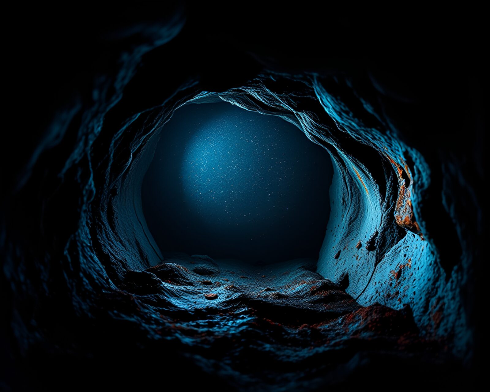 Glowing smart contact lens in dark, rust-streaked cave