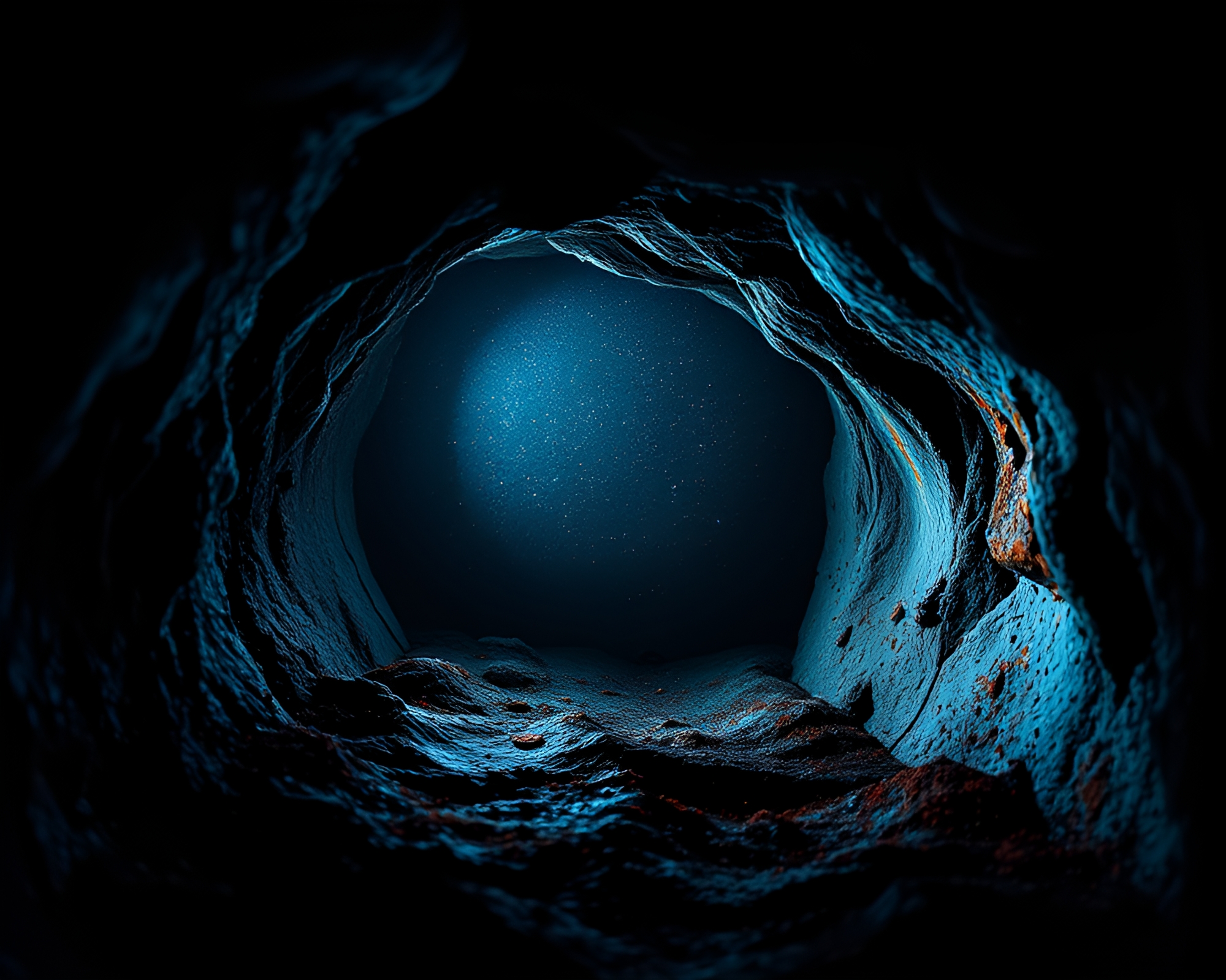 Eerie Smart Contact Lens in Rusty Cave Entrance – free AI stock image