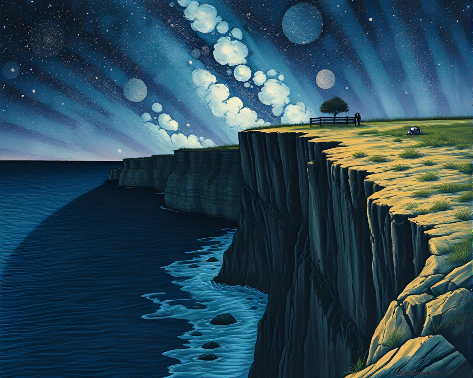 Intricate engravings of parallel worlds on cliffside under shadow