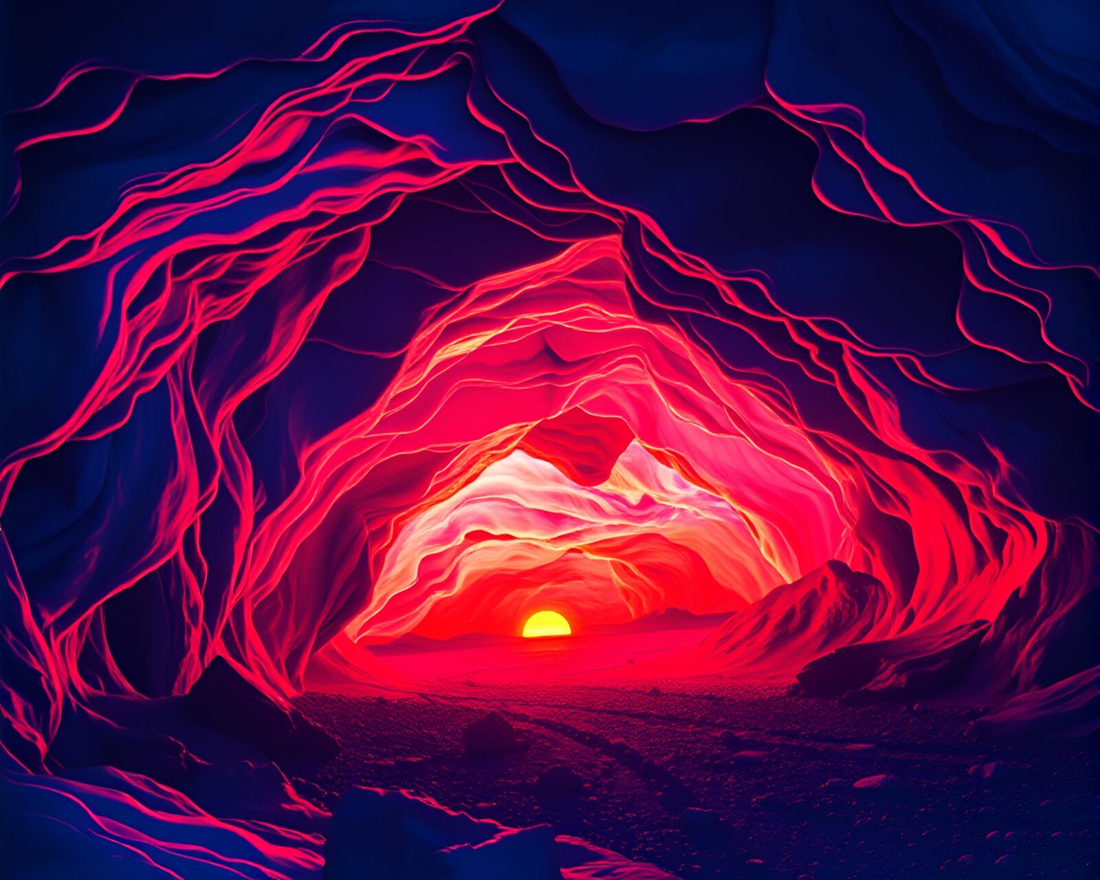 Mesmerizing image of a glacial cave illuminated by sunset
