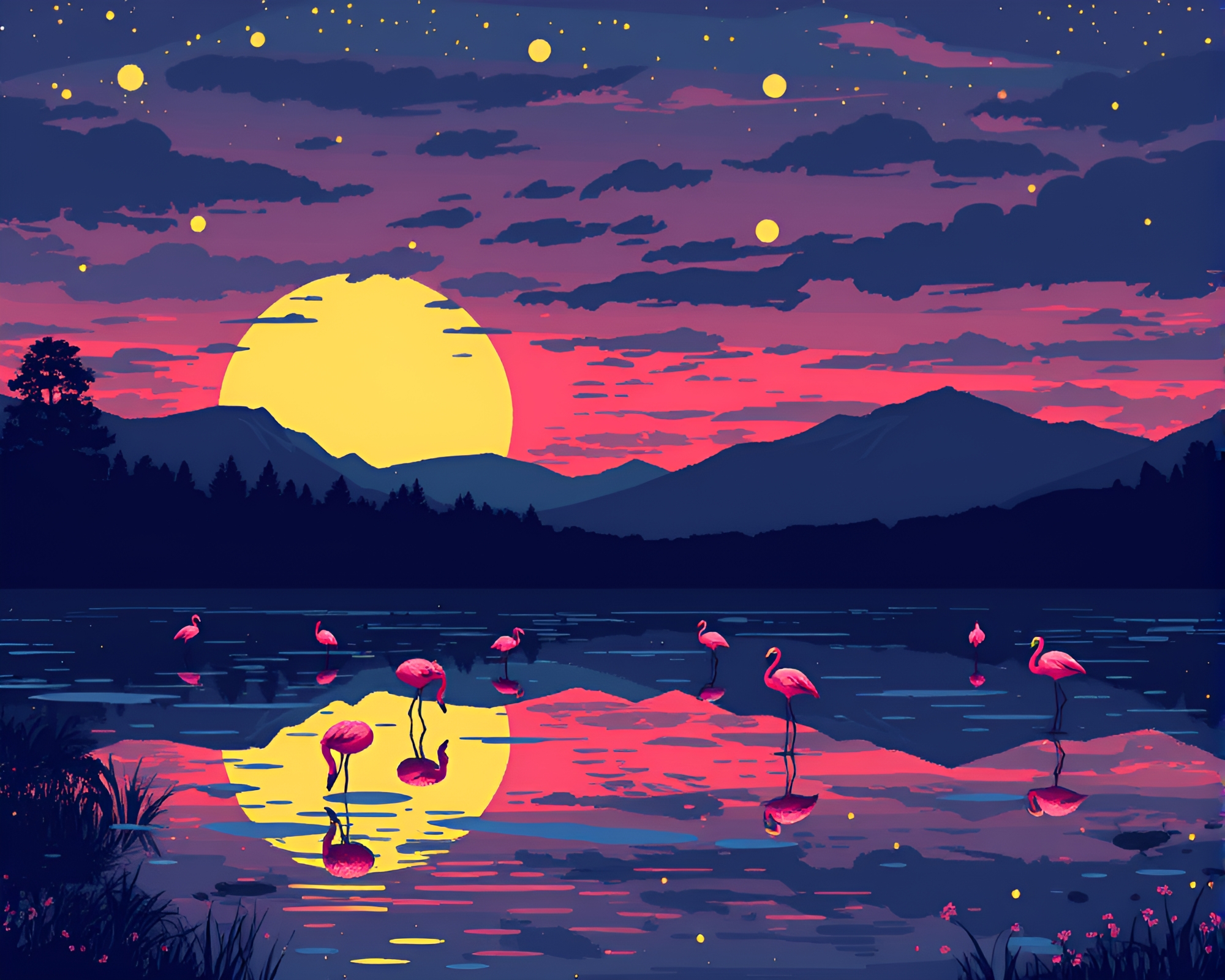 Vintage Flamingo Pixel Art in Polar Twilight – free AI stock image