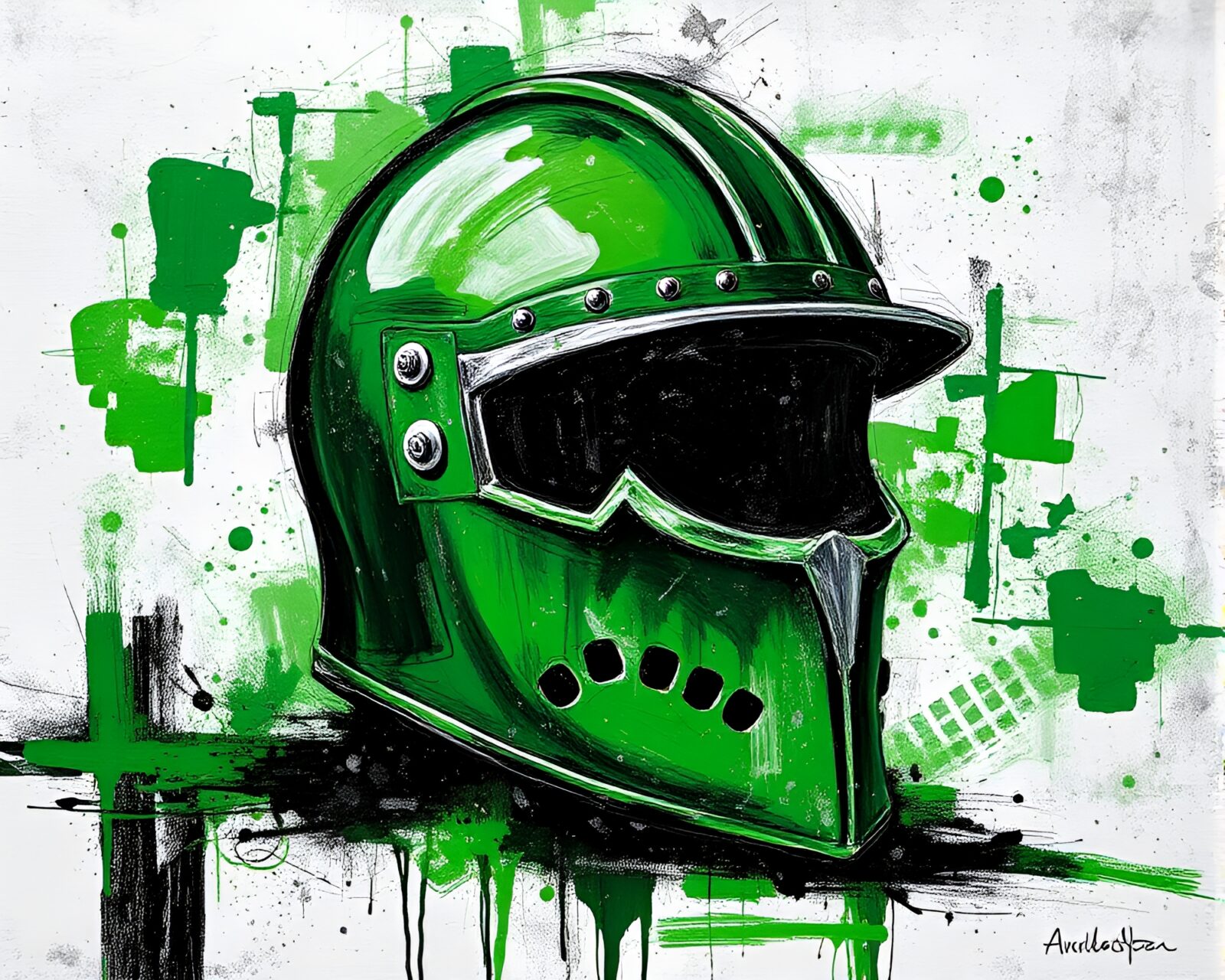 Abstract helmet design in green palette knife strokes