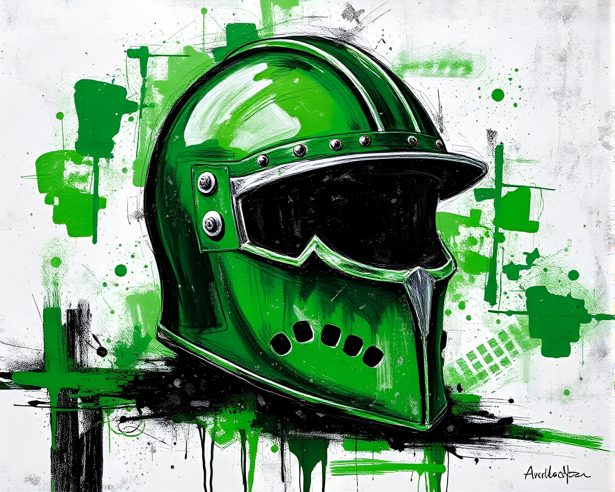 Foil-Stamped Helmet in Monochrome Green Palette Knife Painting – free AI stock image
