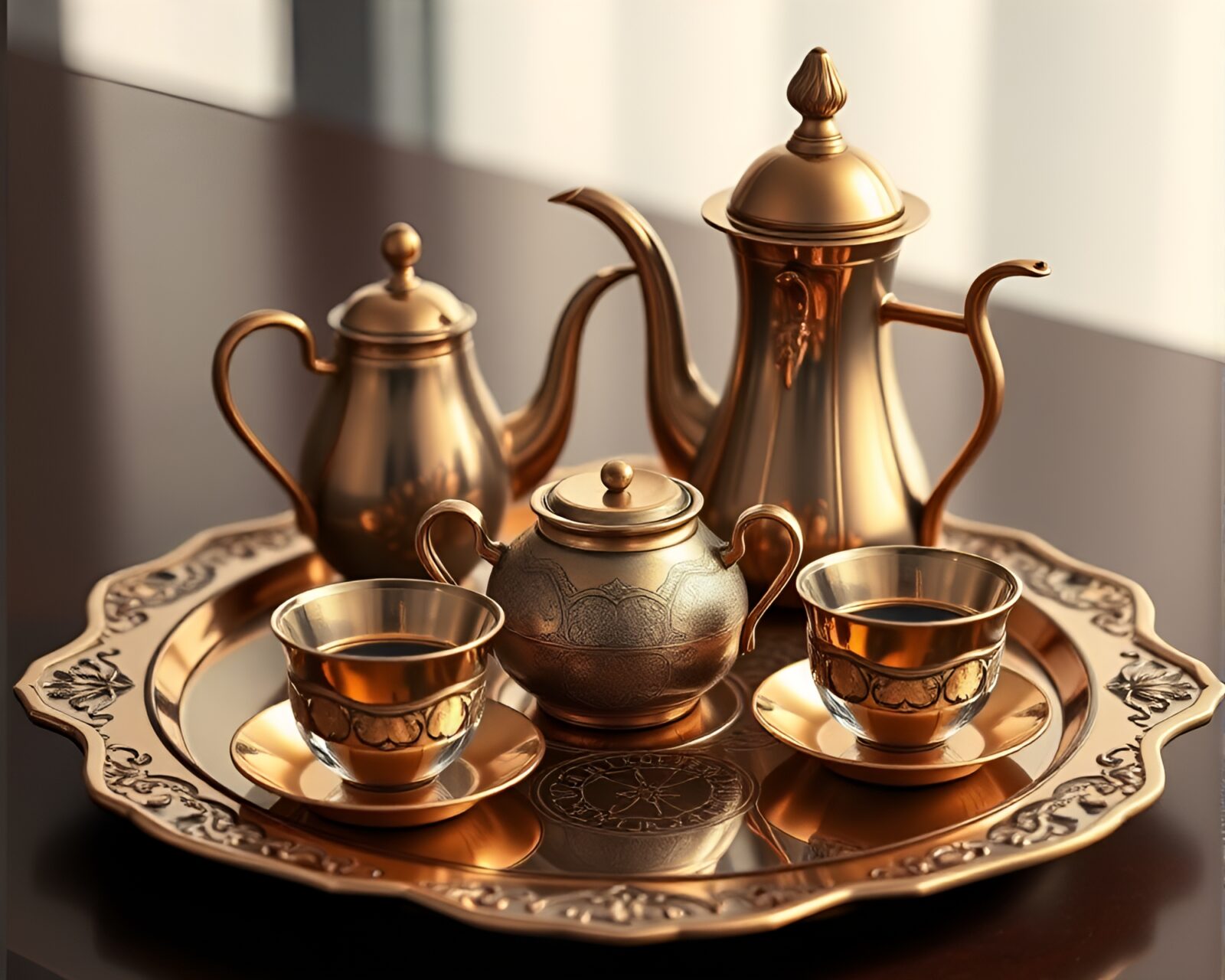 Bronze sheen tea set with asymmetrical balance composition