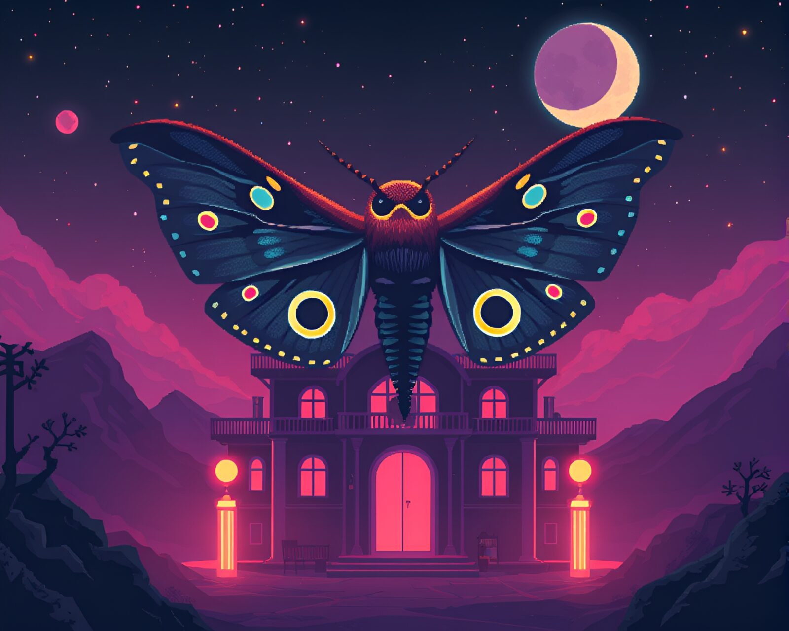 Retro pixel art of a moth in a glowing opera house